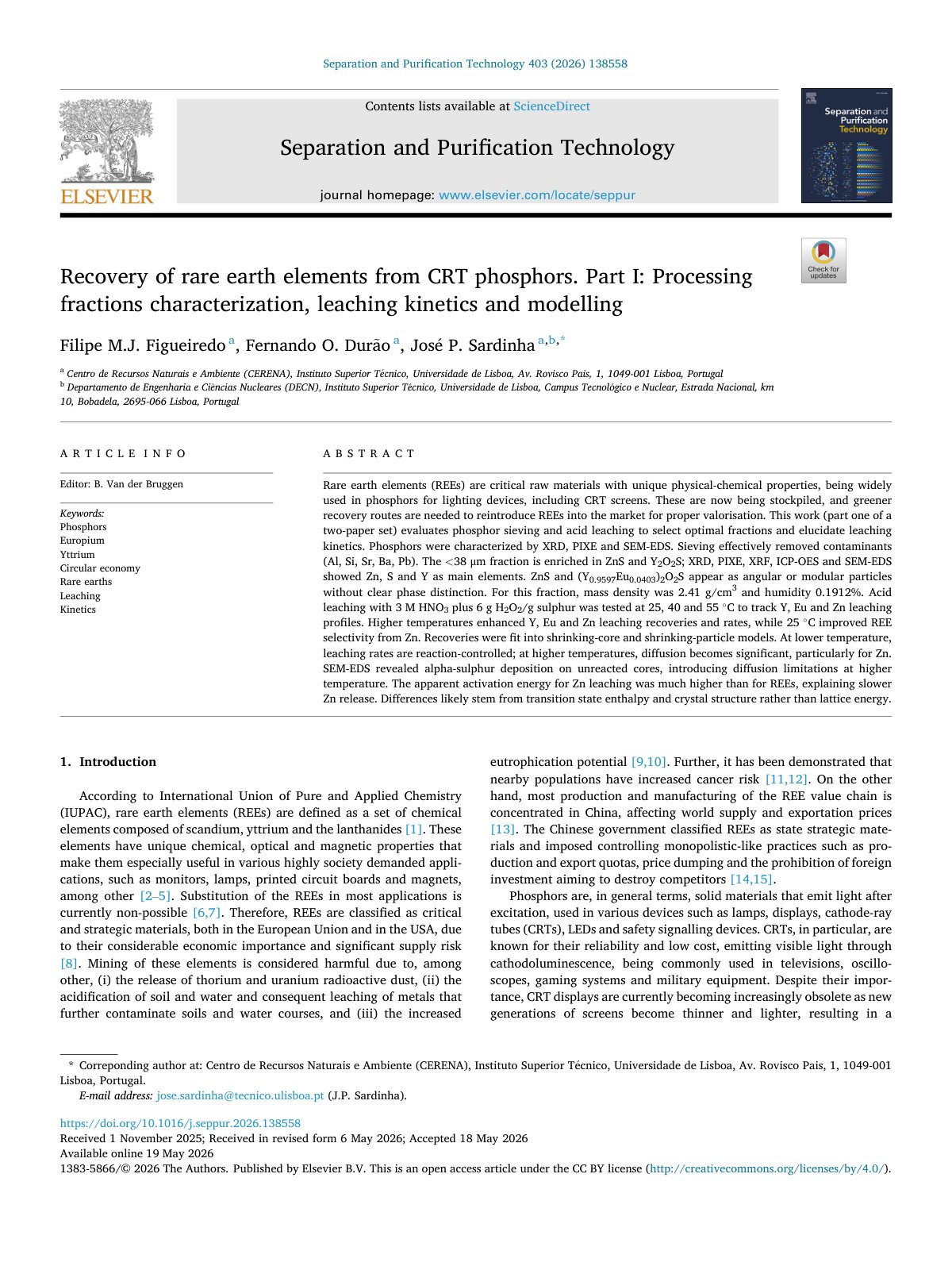 First page of Recovery of rare earth elements from CRT phosphors  Par 2026 Separation and 