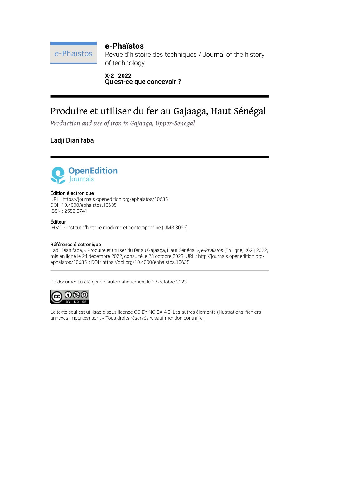First page of Produire et utiliser du fer au Gajaaga Haut Senega