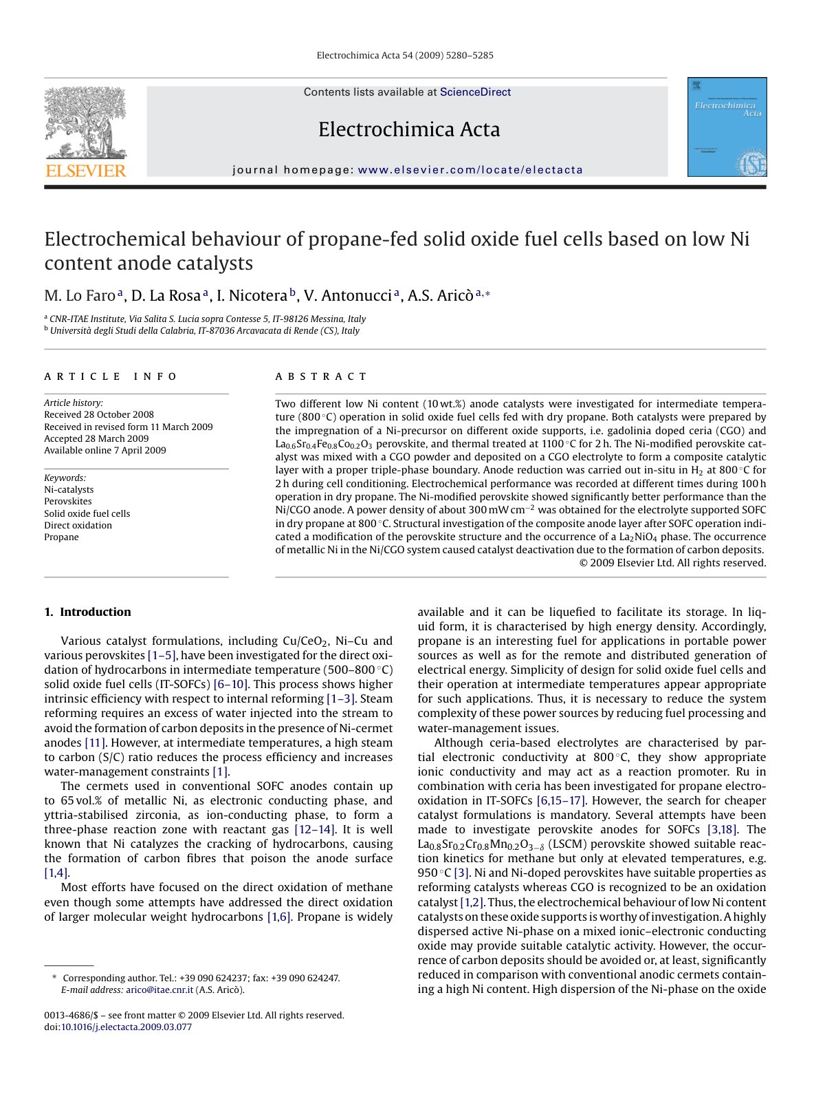 First page of Electrochemical behaviour of propane-fed solid oxide fuel cells based on low Ni content anode catalysts