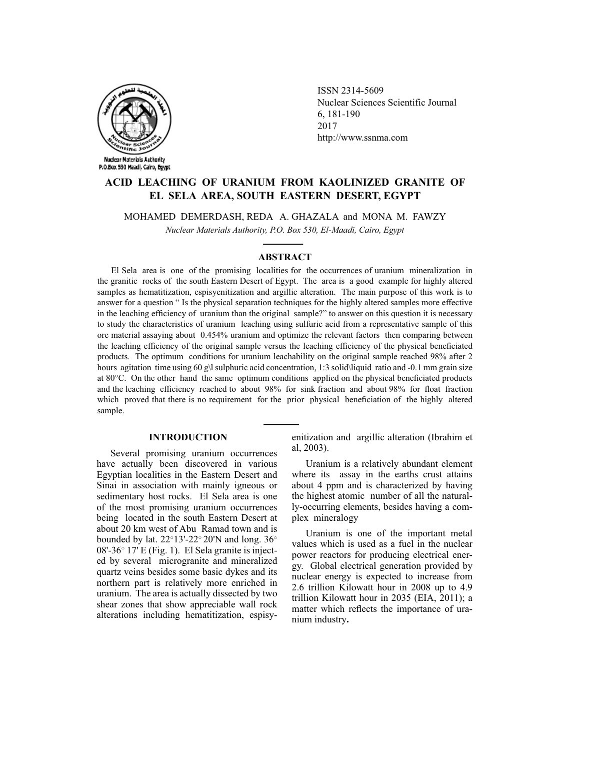 First page of Acid Leaching of Uranium from Kaolinized