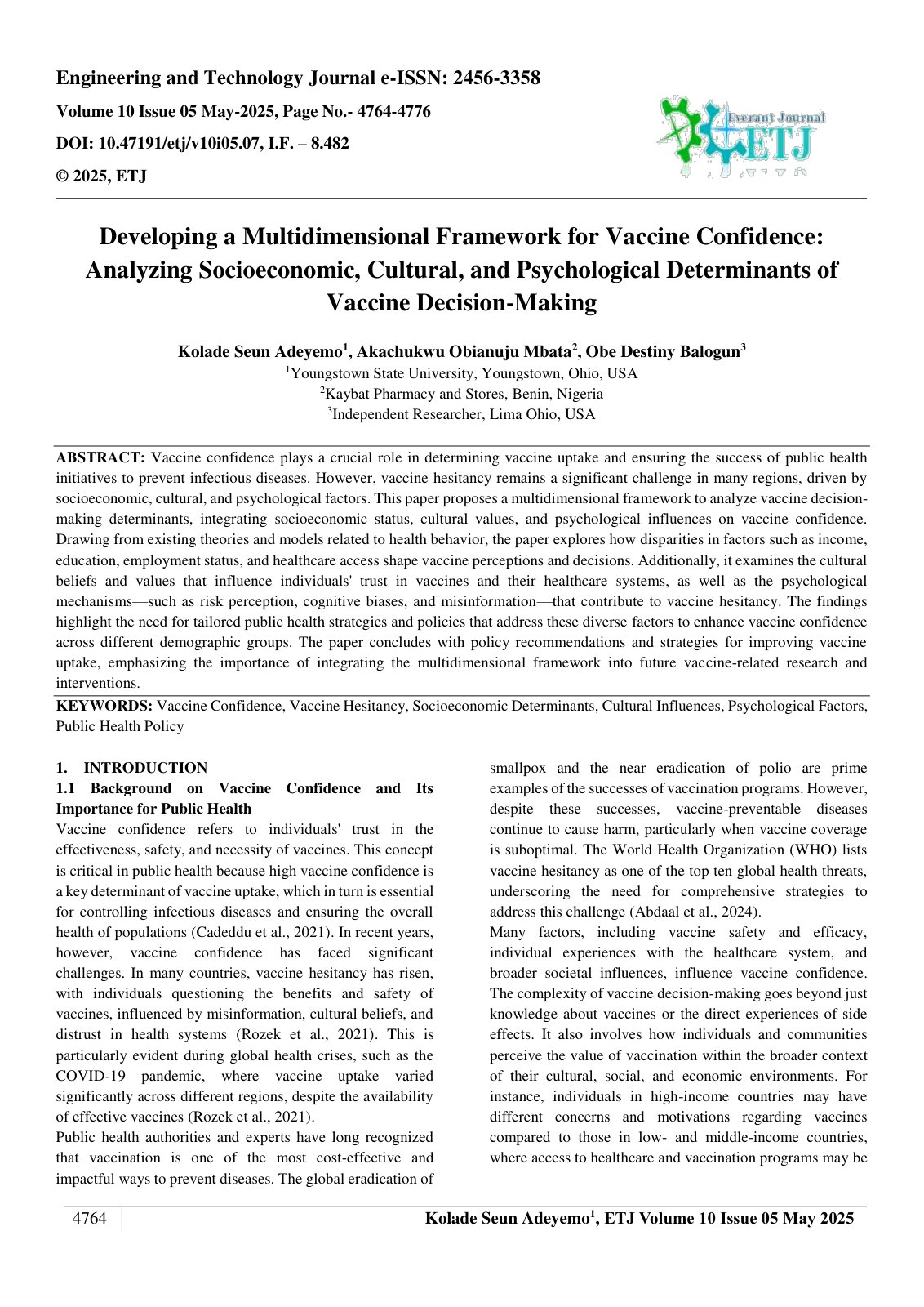 First page of Developing a Multidimensional Framework for Vaccine Confidence:  Analyzing Socioeconomic, Cultural, and Psychological Determinants of  Vaccine Decision-Making 