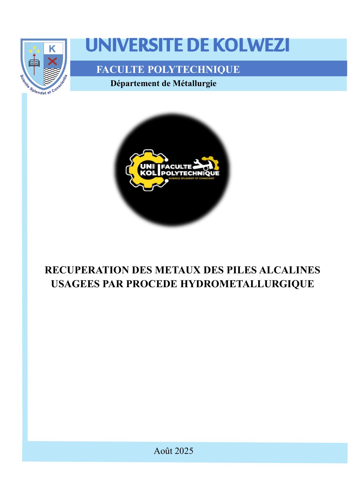 First page of RECUPERATION DES METAUX DES PILES ALCALINES USAGEES PAR PROCEDE HYDROMETALLURGIQUE