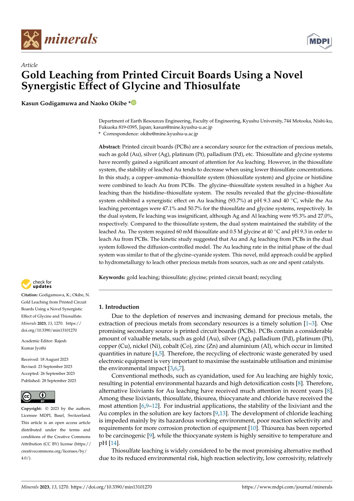 First page of Gold Leaching from Printed Circuit Boards Using a Novel Synergistic Effect of Glycine and Thiosulfate