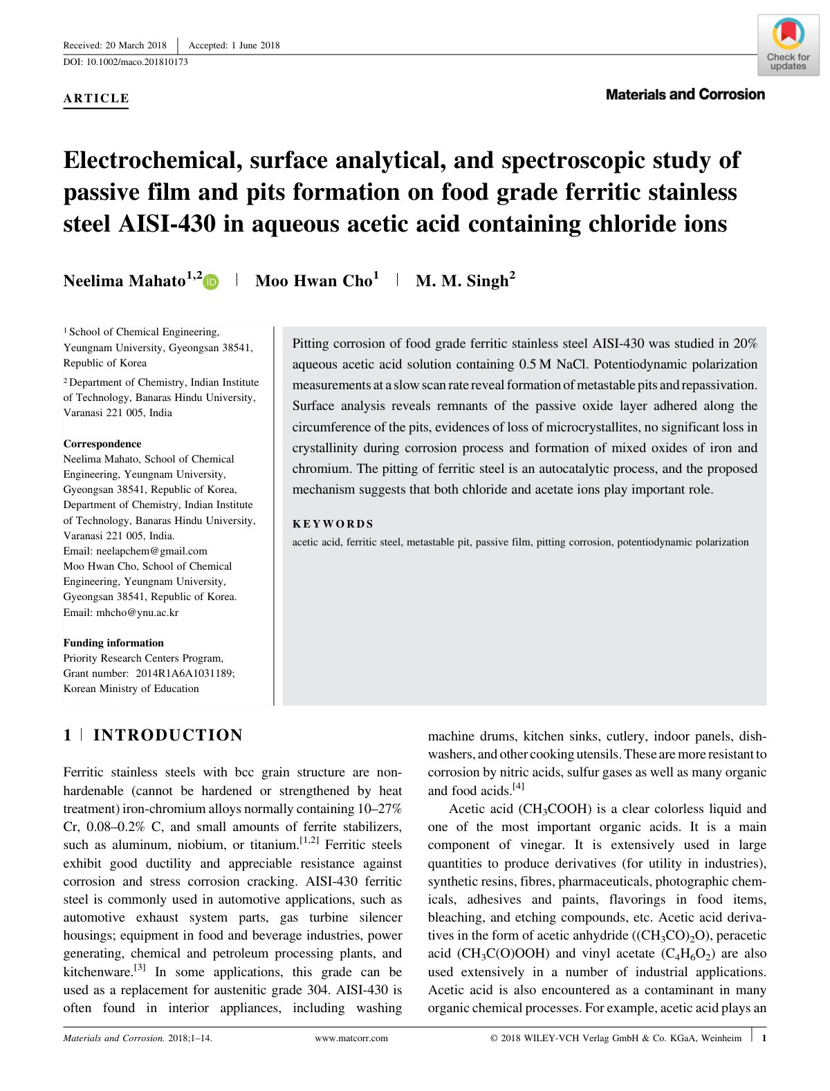 First page of Electrochemical, surface analytical, and spectroscopic study of passive film and pits formation on food grade ferritic stainless steel AISI-430 in aqueous acetic acid containing chloride ions