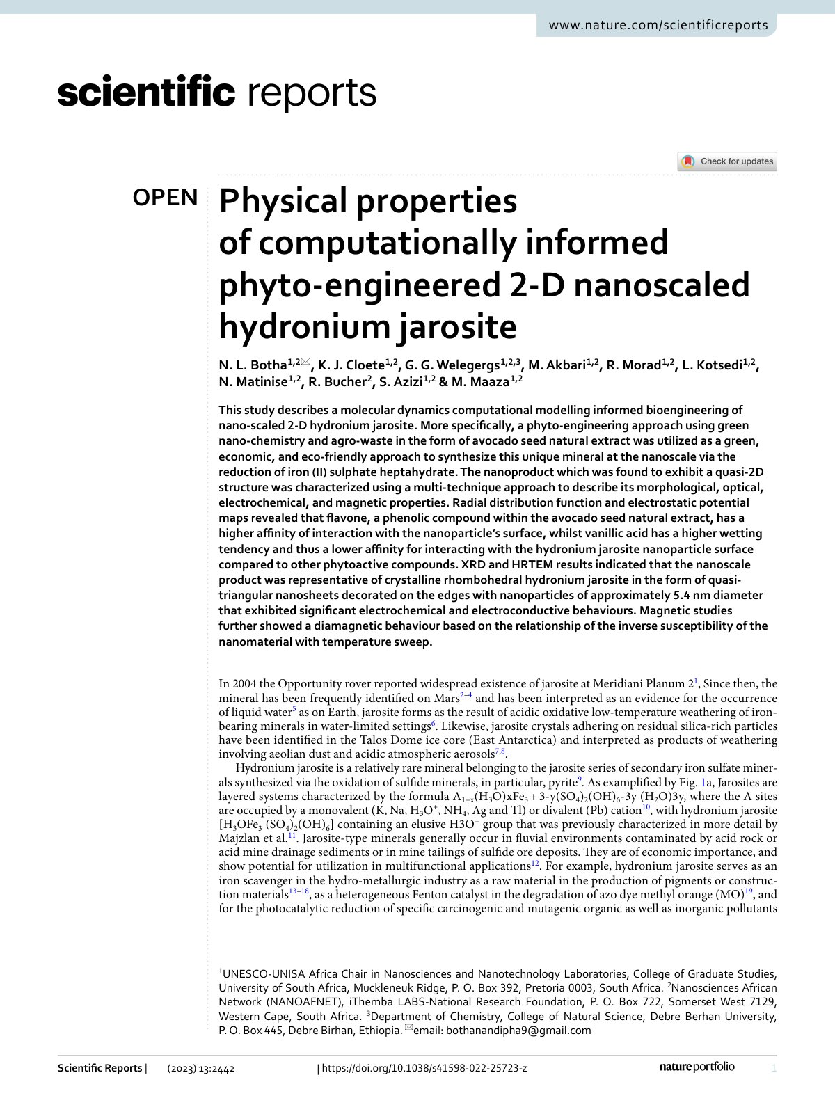 First page of Physical properties of computationally informed phyto‑engineered 2‑D nanoscaled hydronium jarosite
