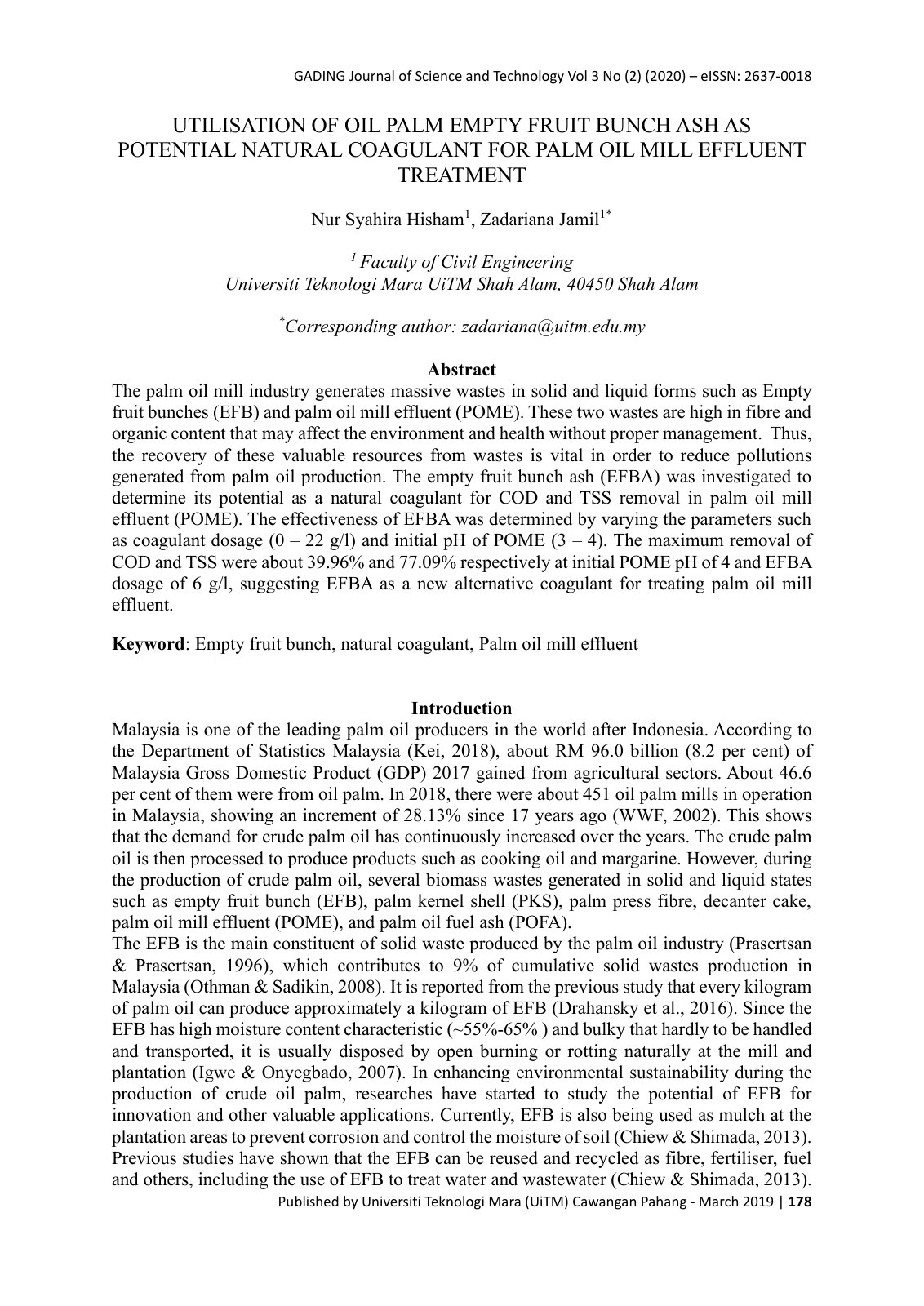 First page of UTILISATION OF OIL PALM EMPTY FRUIT BUNCH ASH AS POTENTIAL NATURAL COAGULANT FOR PALM OIL MILL EFFLUENT TREATMENT