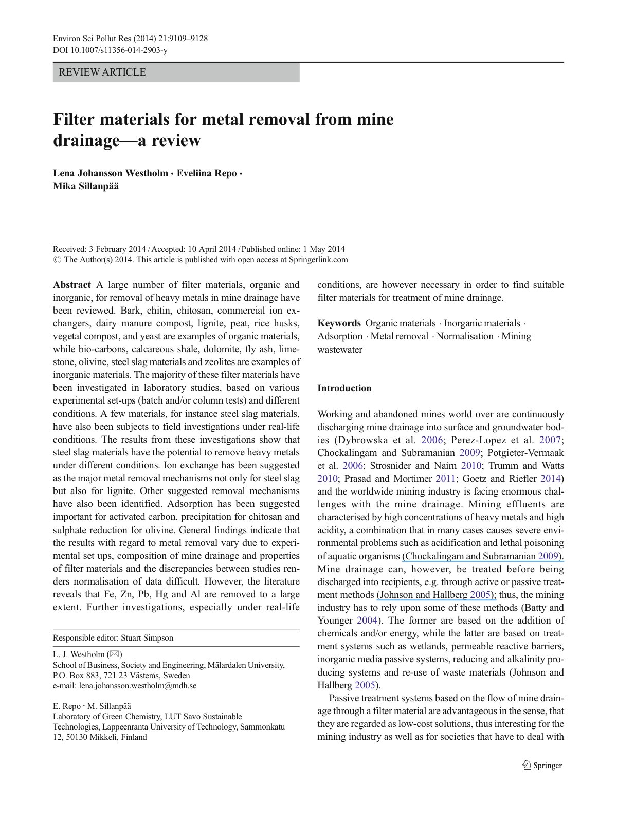 First page of Filter materials for metal removal from