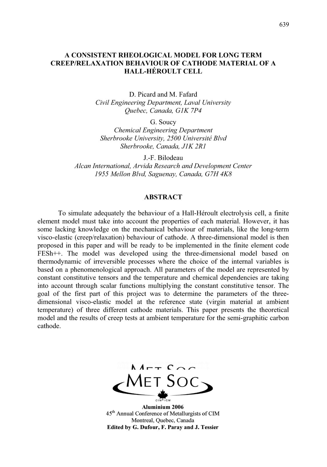 First page of A consistent rheological model for long term creep/relaxation behaviour of cathode material of a Hall-Heroult cell
