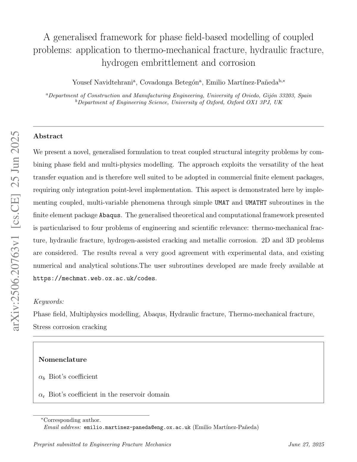 First page of 2025 Navidtehrani Multiphysics Phase Field Fracture