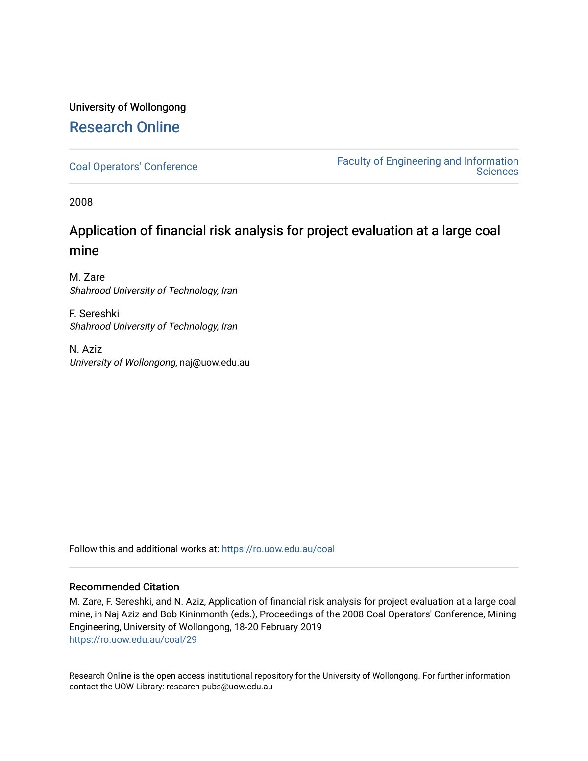 First page of Application of Financial Risk Analysis f