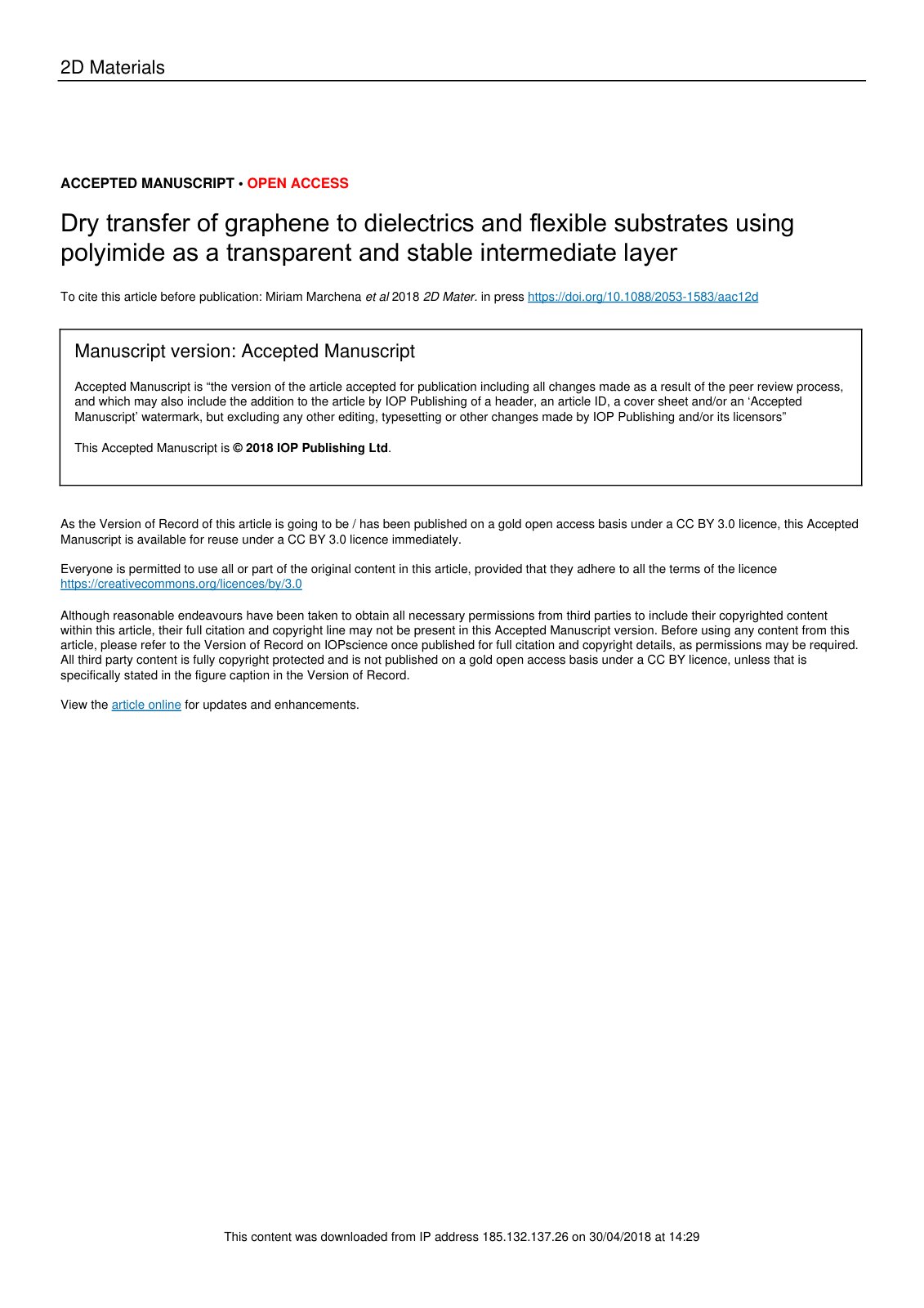 First page of Dry transfer of graphene to dielectrics and flexible substrates using polyimide as a transparent and stable intermediate layer