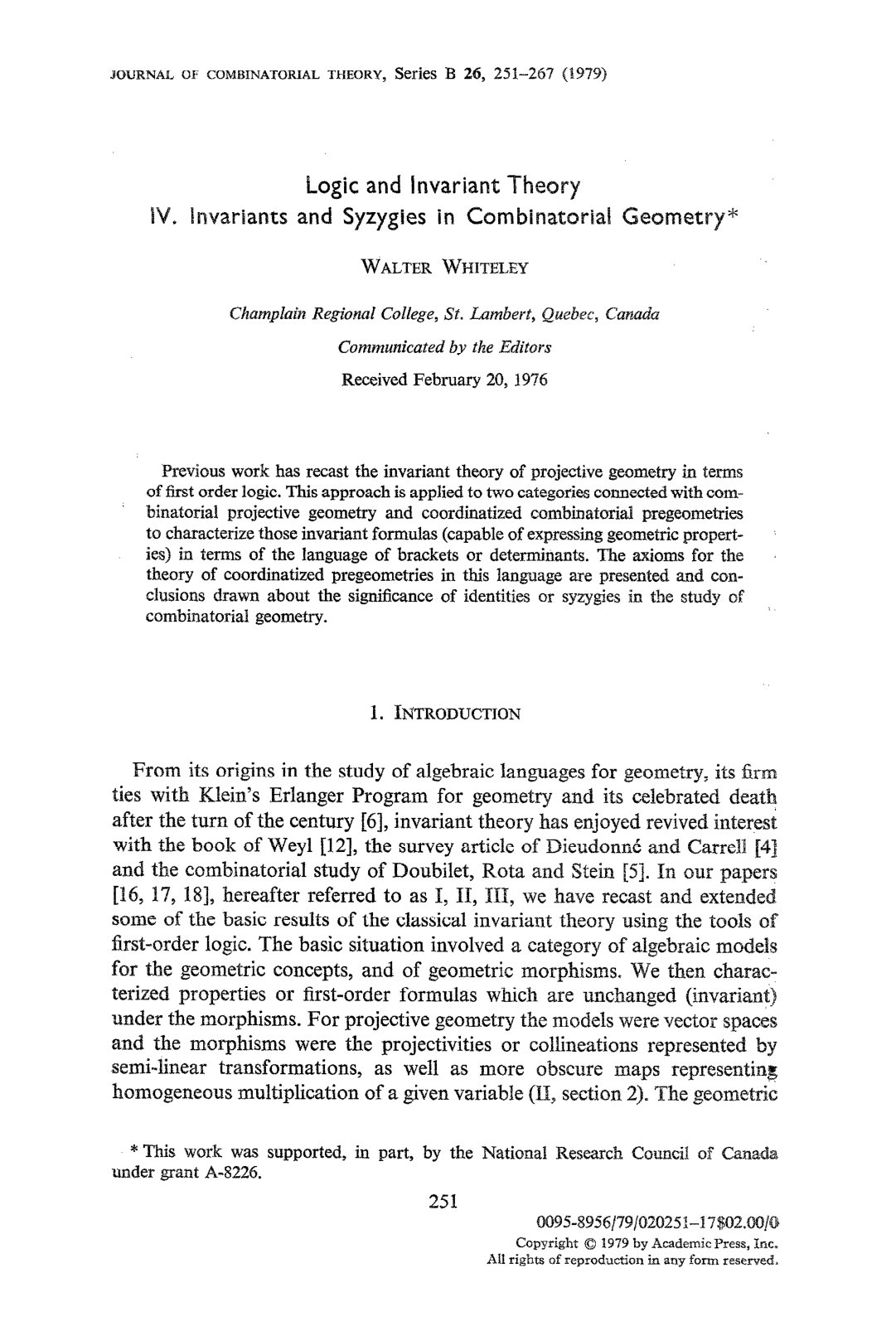 First page of Logic and Invariant Theory