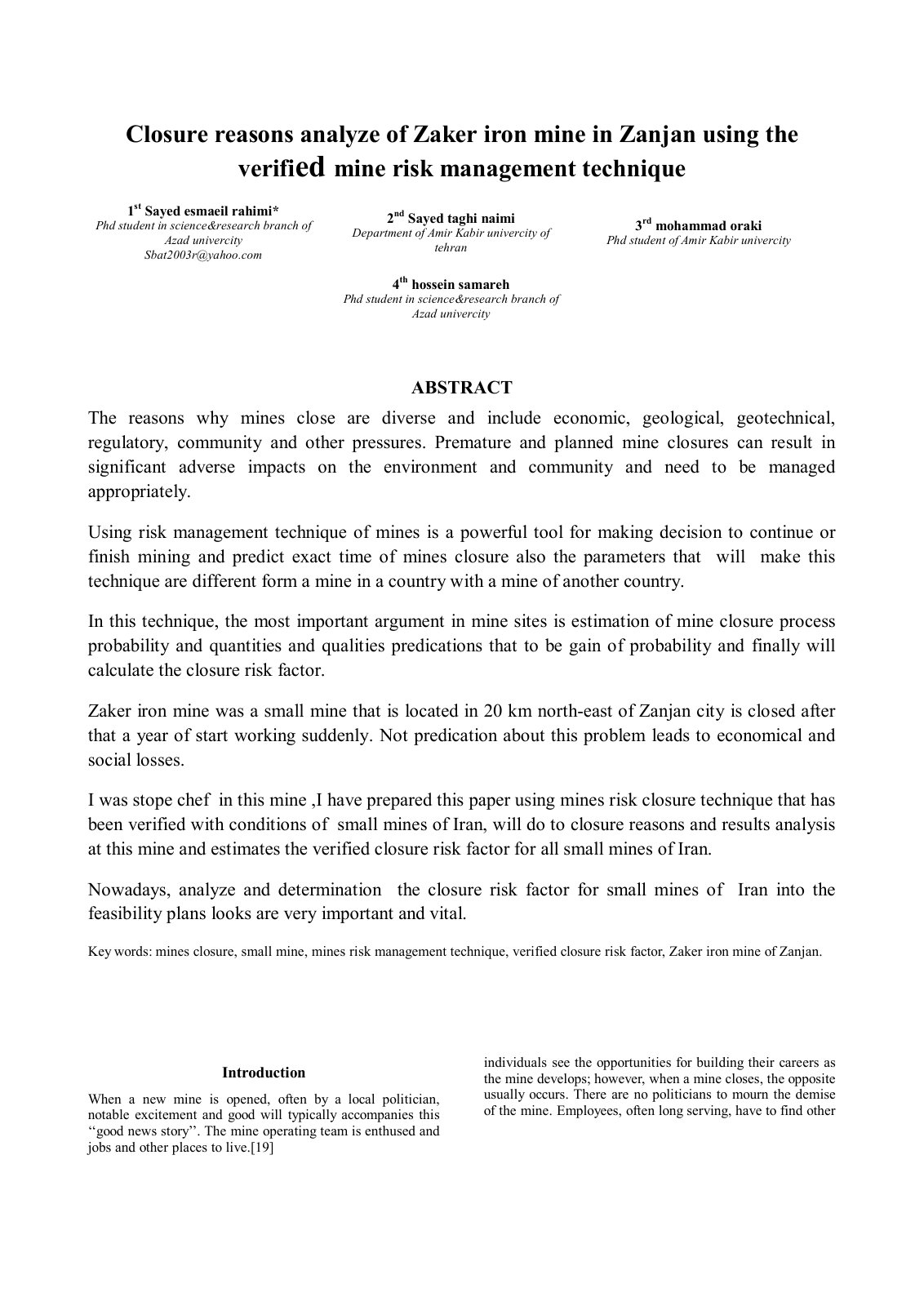 First page of Closure reasons analyze of Zaker iron mine in Zanjan using the verified mine risk management technique