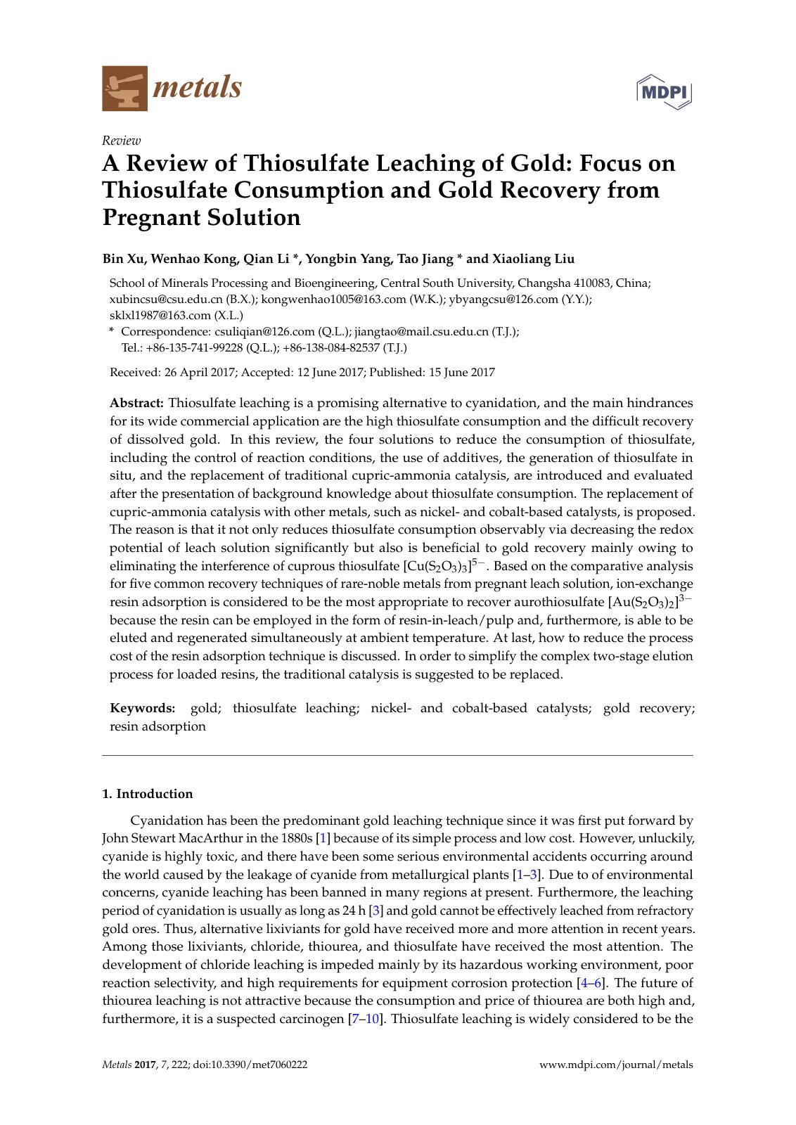 First page of A Review of Thiosulfate Leaching of Gold