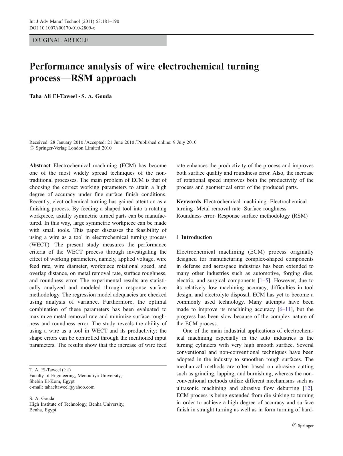 First page of Performance analysis of wire electrochemical turning process—RSM approach
