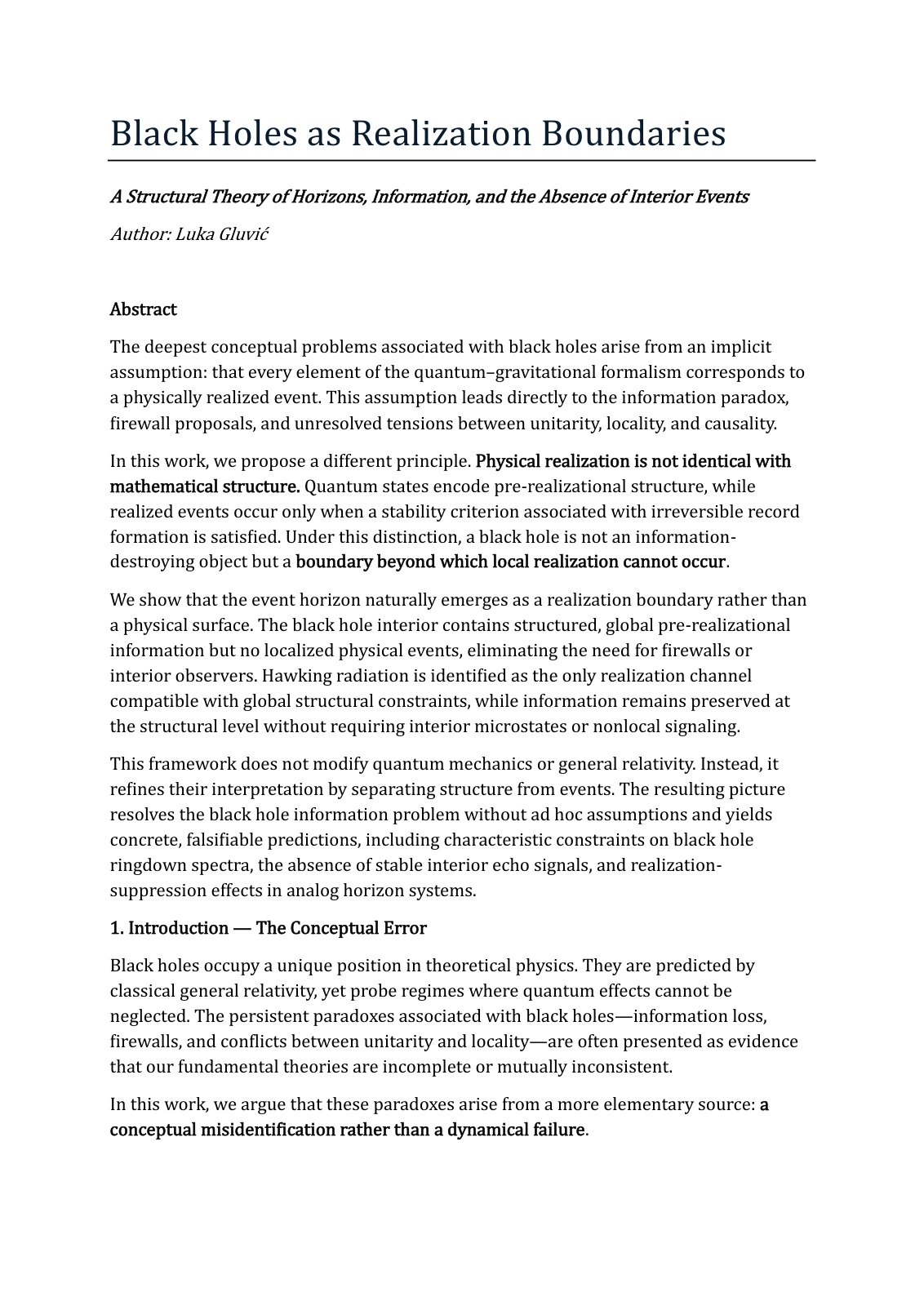 First page of Black Holes as Realization Boundaries