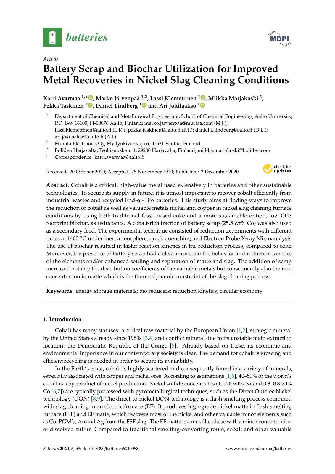 First page of Battery Scrap and Biochar Utilization fo