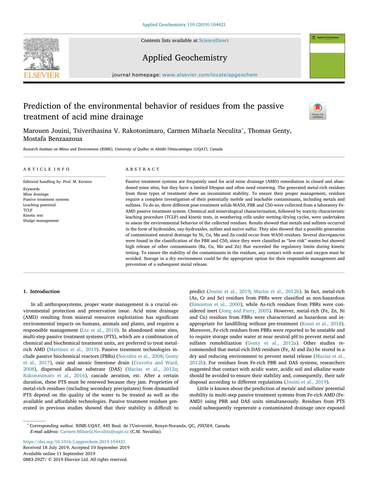 First page of Prediction of the environmental behavior of residues from the passive treatment of acid mine drainage
