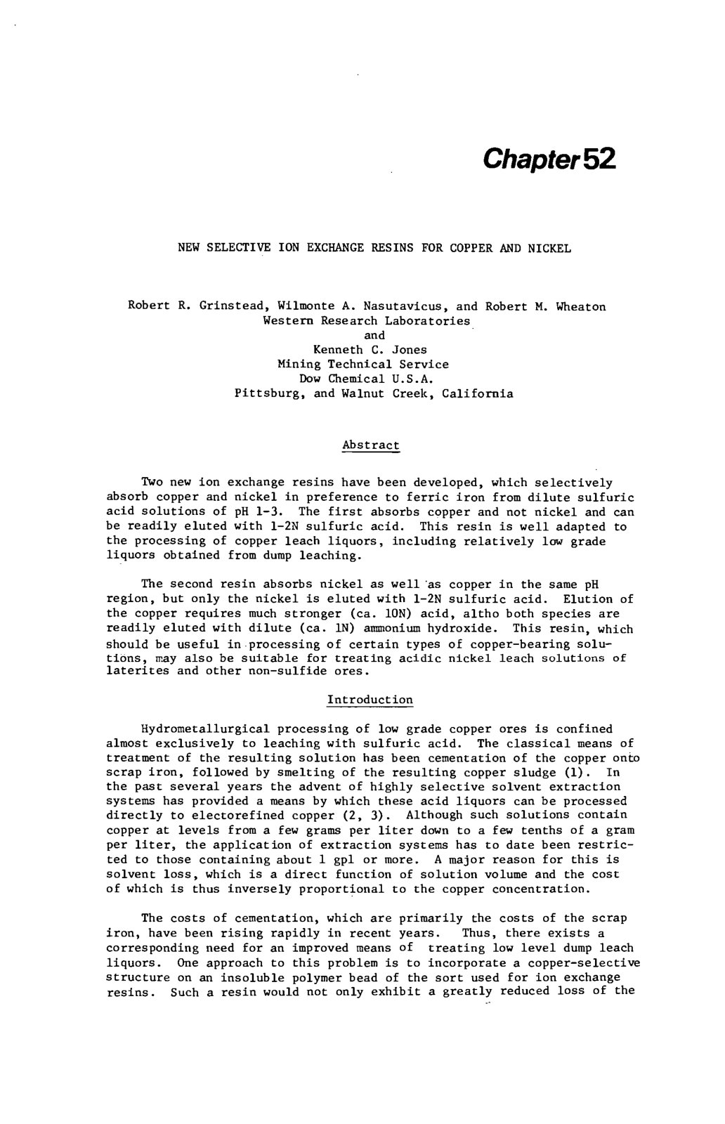 First page of New Selective Ion Exchange Resins for Copper and Nickel