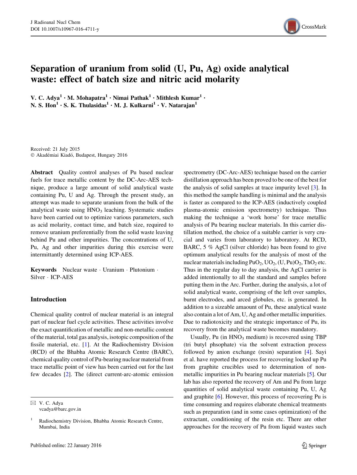 First page of Separation of uranium from solid U Pu Ag