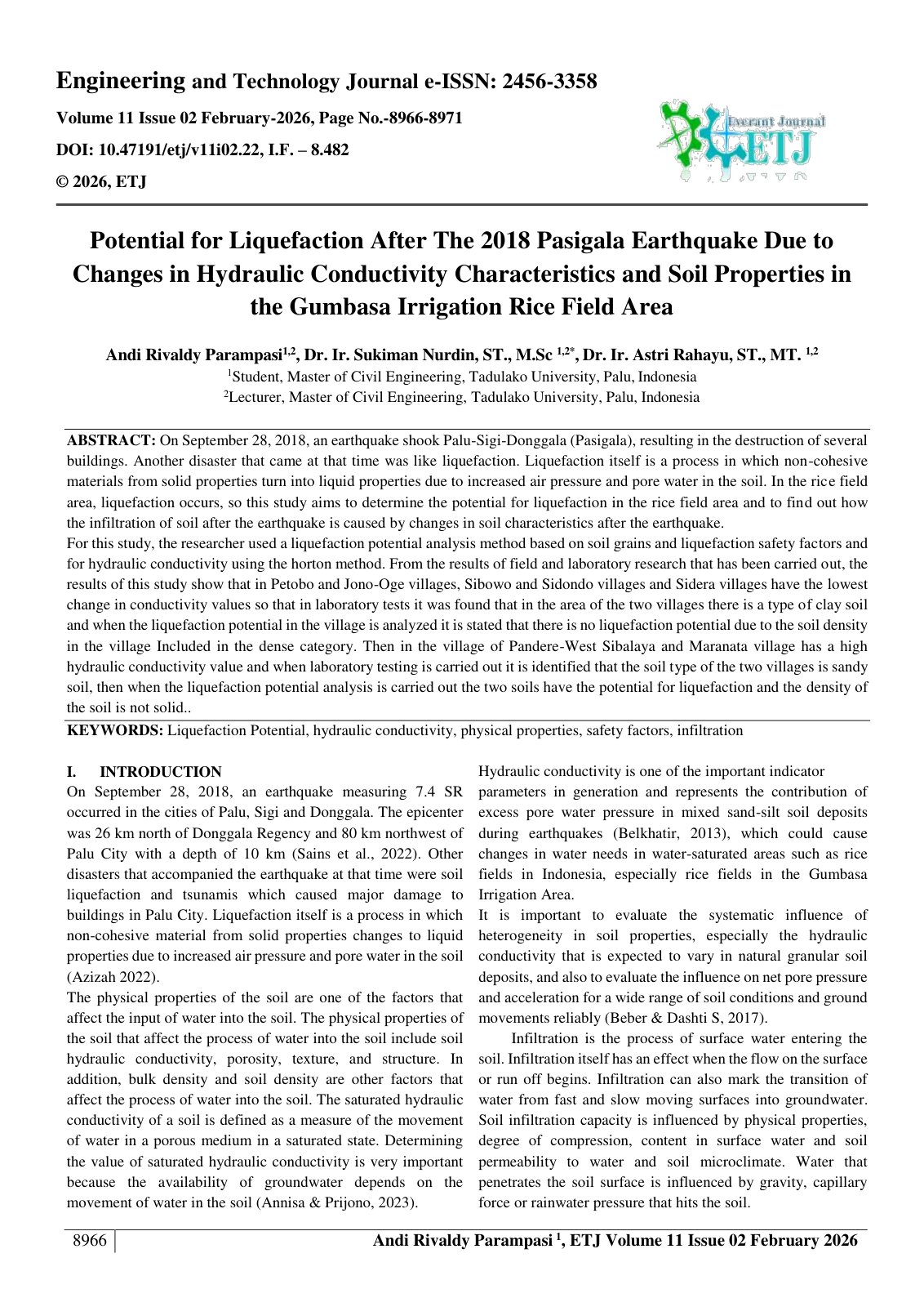 First page of Potential for Liquefaction After The 2018 Pasigala Earthquake Due to  Changes in Hydraulic Conductivity Characteristics and Soil Properties in  the Gumbasa Irrigation Rice Field Area 