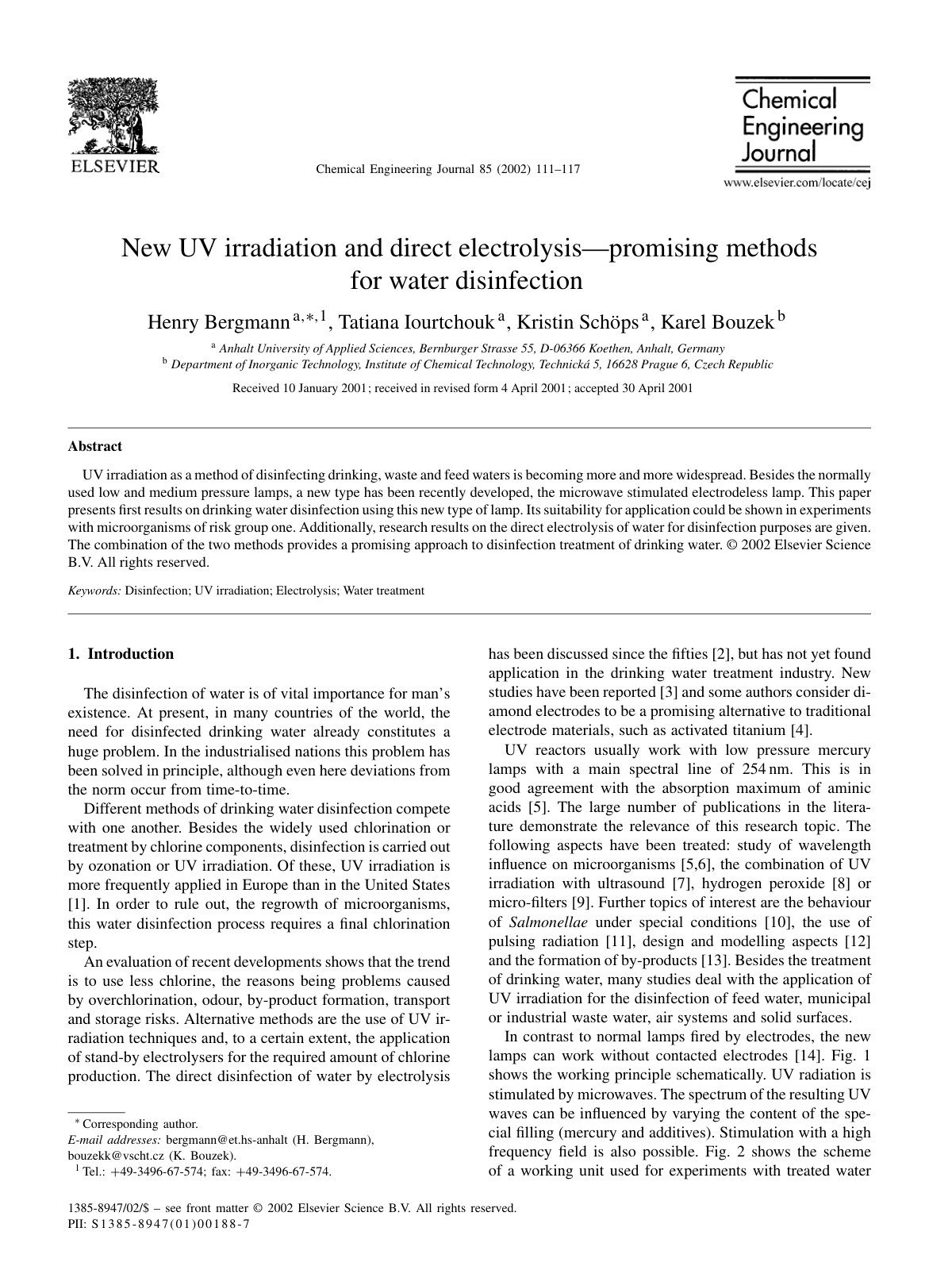 First page of New UV irradiation and direct electrolysis—promising methods for water disinfection