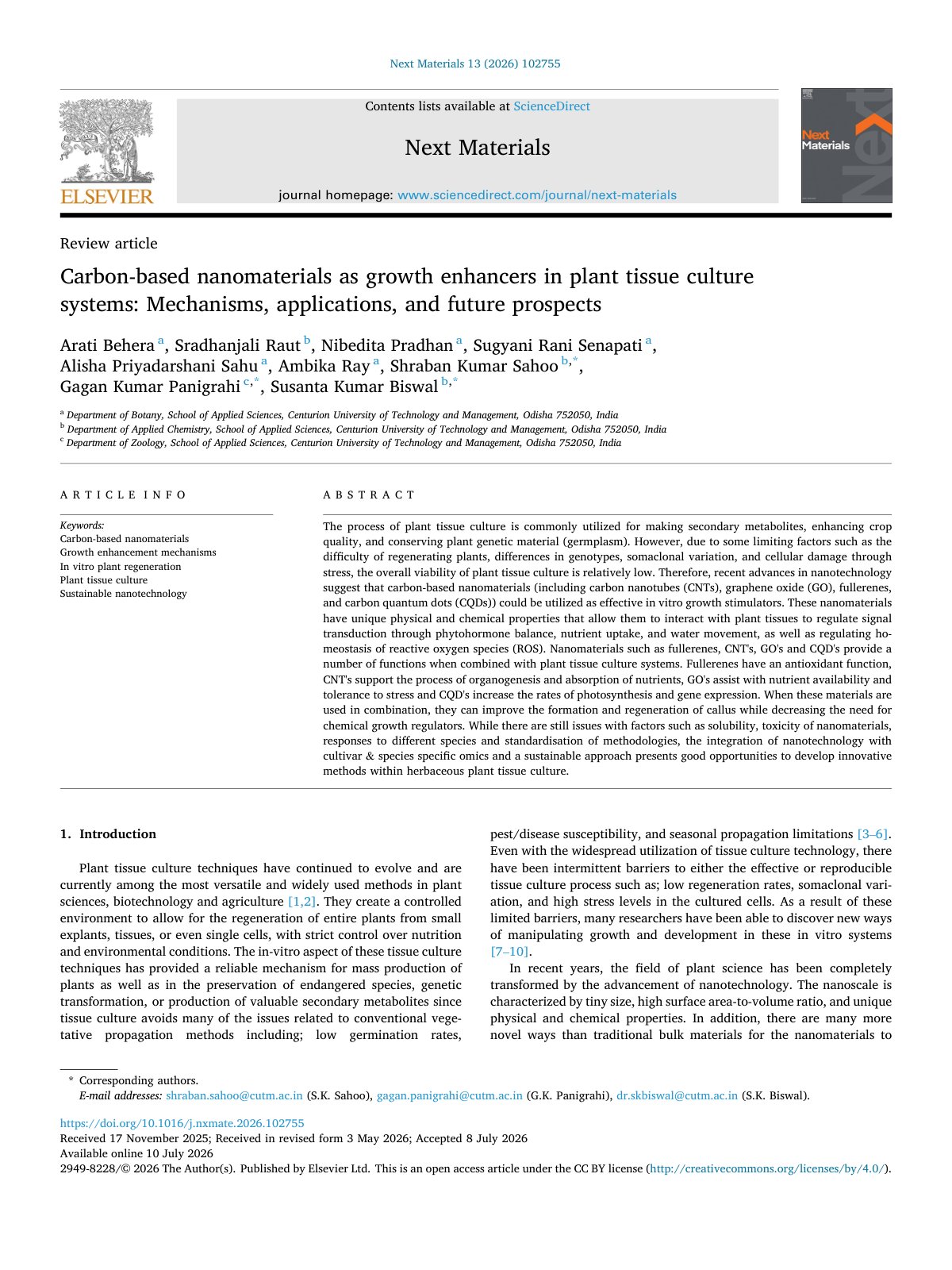 First page of Carbon based nanomaterials as growth enhancers in plant tissue c 2026 Next M