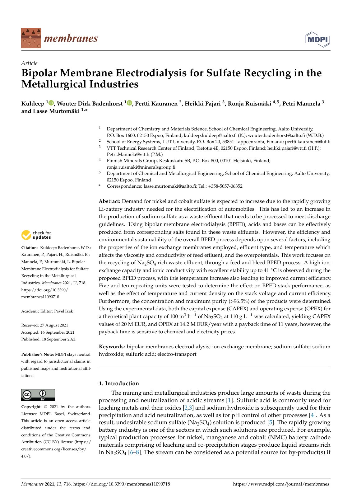 First page of Bipolar Membrane Electrodialysis for Sulfate Recycling in the Metallurgical Industries