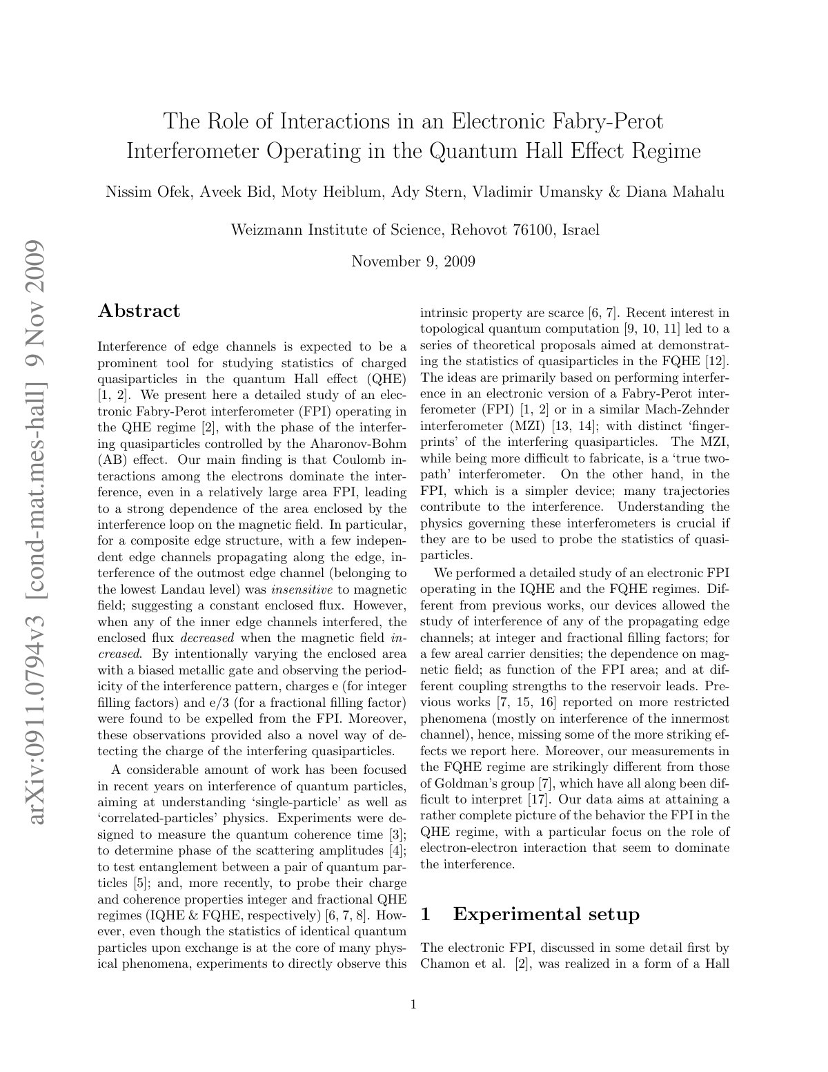 First page of The Role of Interactions in an Electronic Fabry-Perot Interferometer Operating in the Quantum Hall Effect Regime