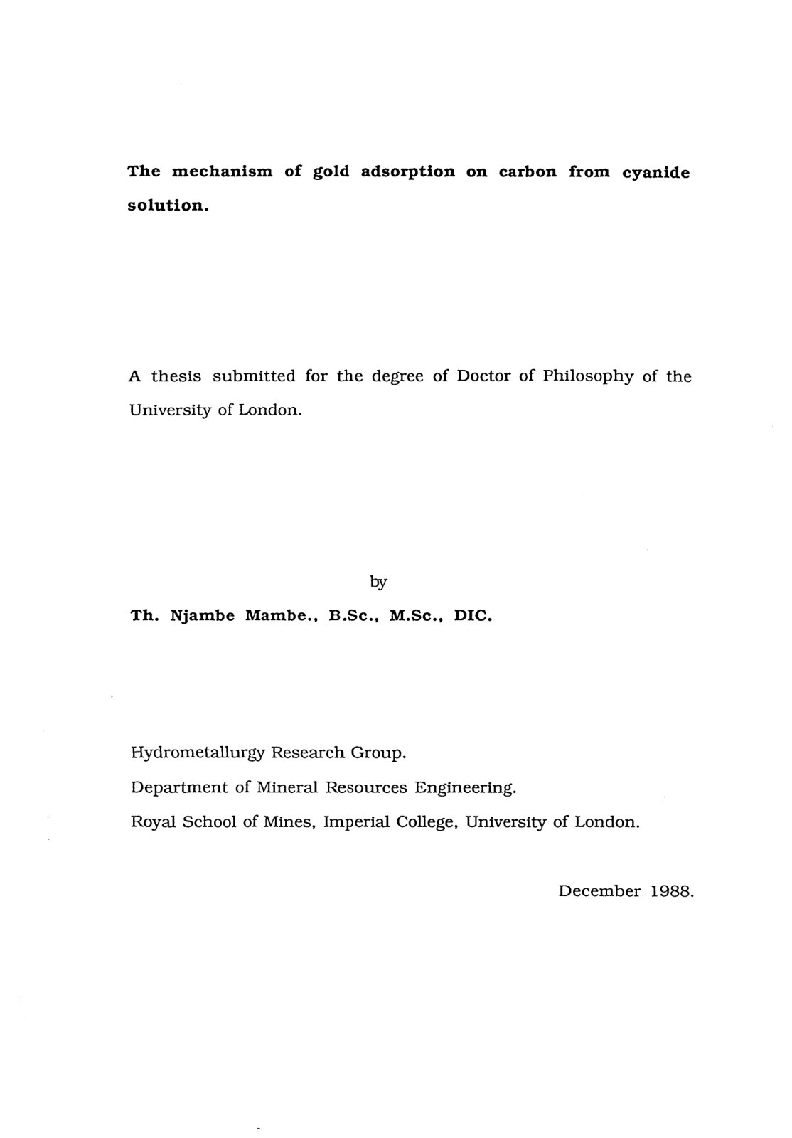 First page of Mambe TN 1989 PhD Thesis
