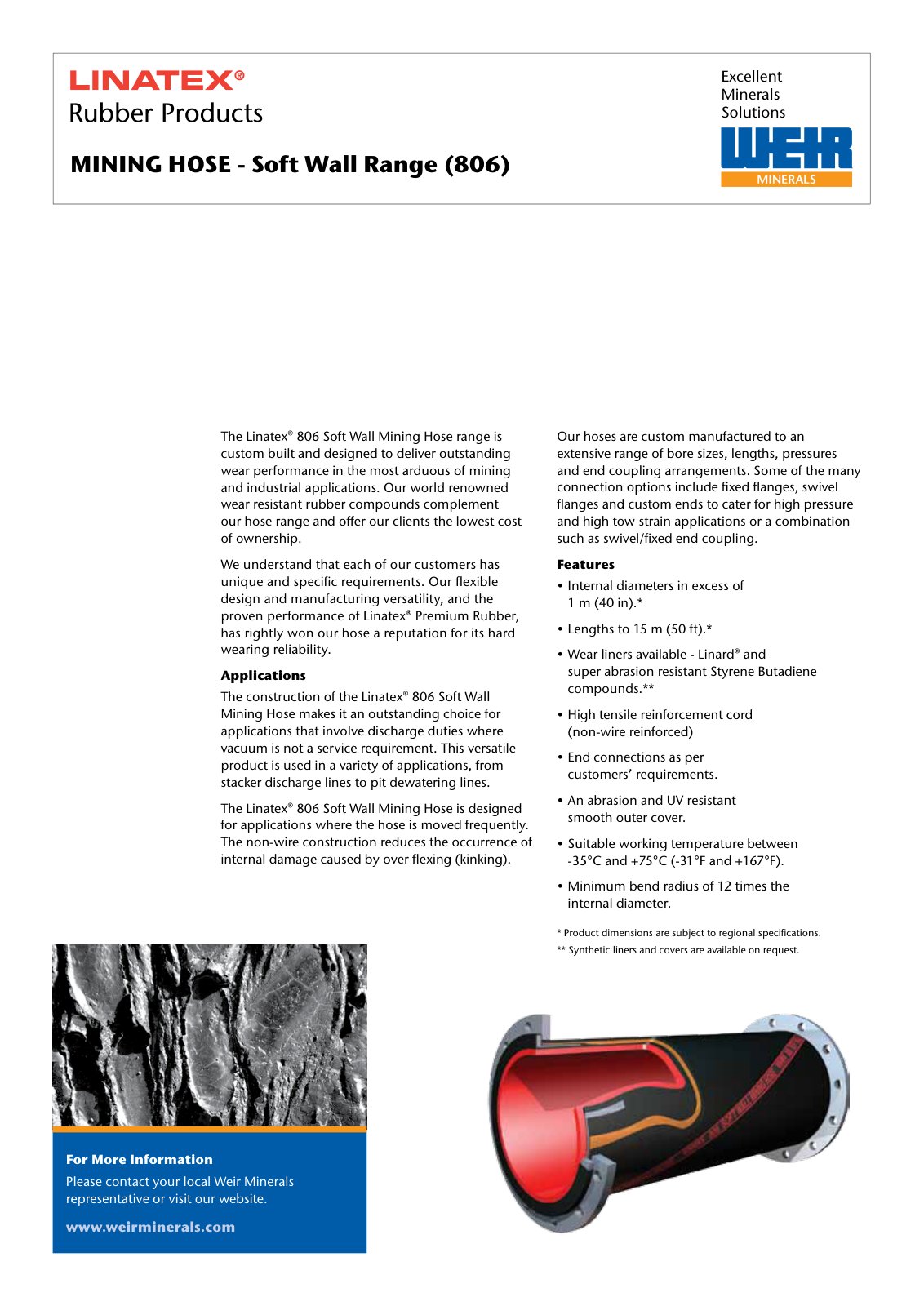 First page of LINATEX Rubber Products MINING HOSE Soft Wal Range(806) PREVIEW