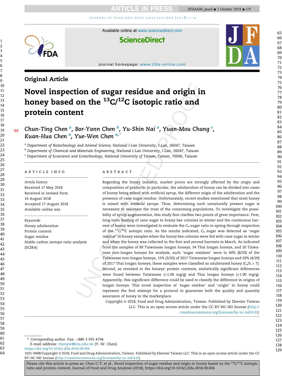 First page of Novel inspection of sugar residue and origin in honey based on the 13C/12C isotopic ratio and protein content