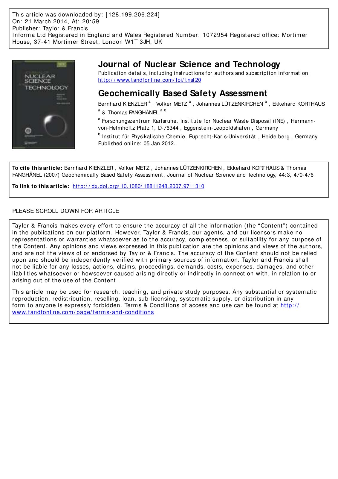 First page of Geochemically Based Safety Assessment