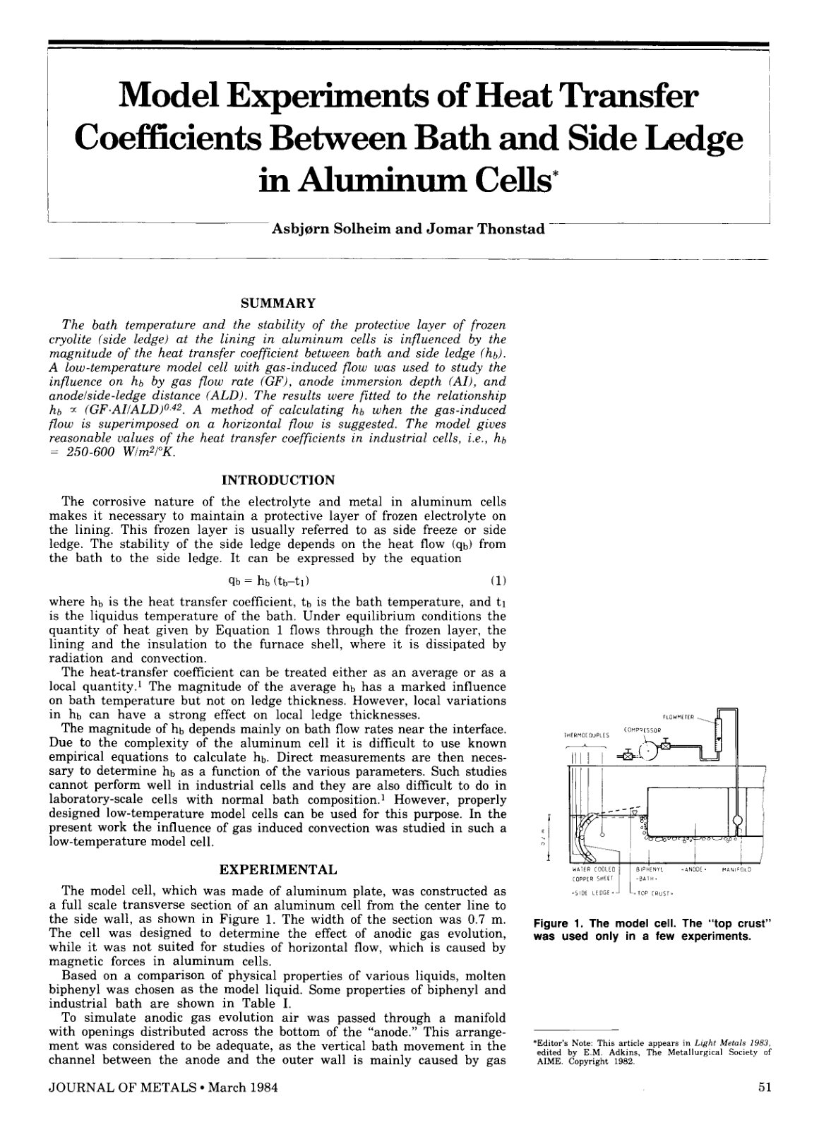 First page of Model Experiments of Heat Transfer Coefficients Between Bath and Side Ledge in Aluminum Cells