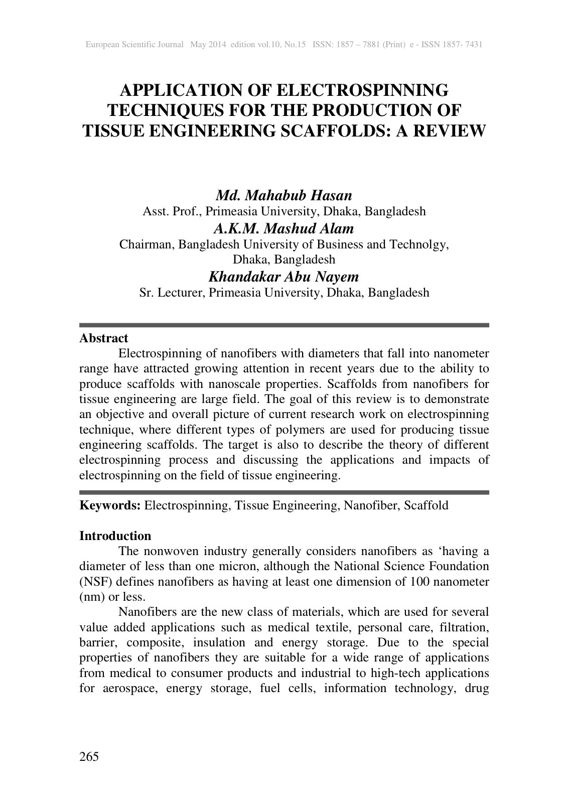 First page of APPLICATION OF ELECTROSPINNING TECHNIQUES FOR THE PRODUCTION OF TISSUE ENGINEERING SCAFFOLDS: A REVIEW