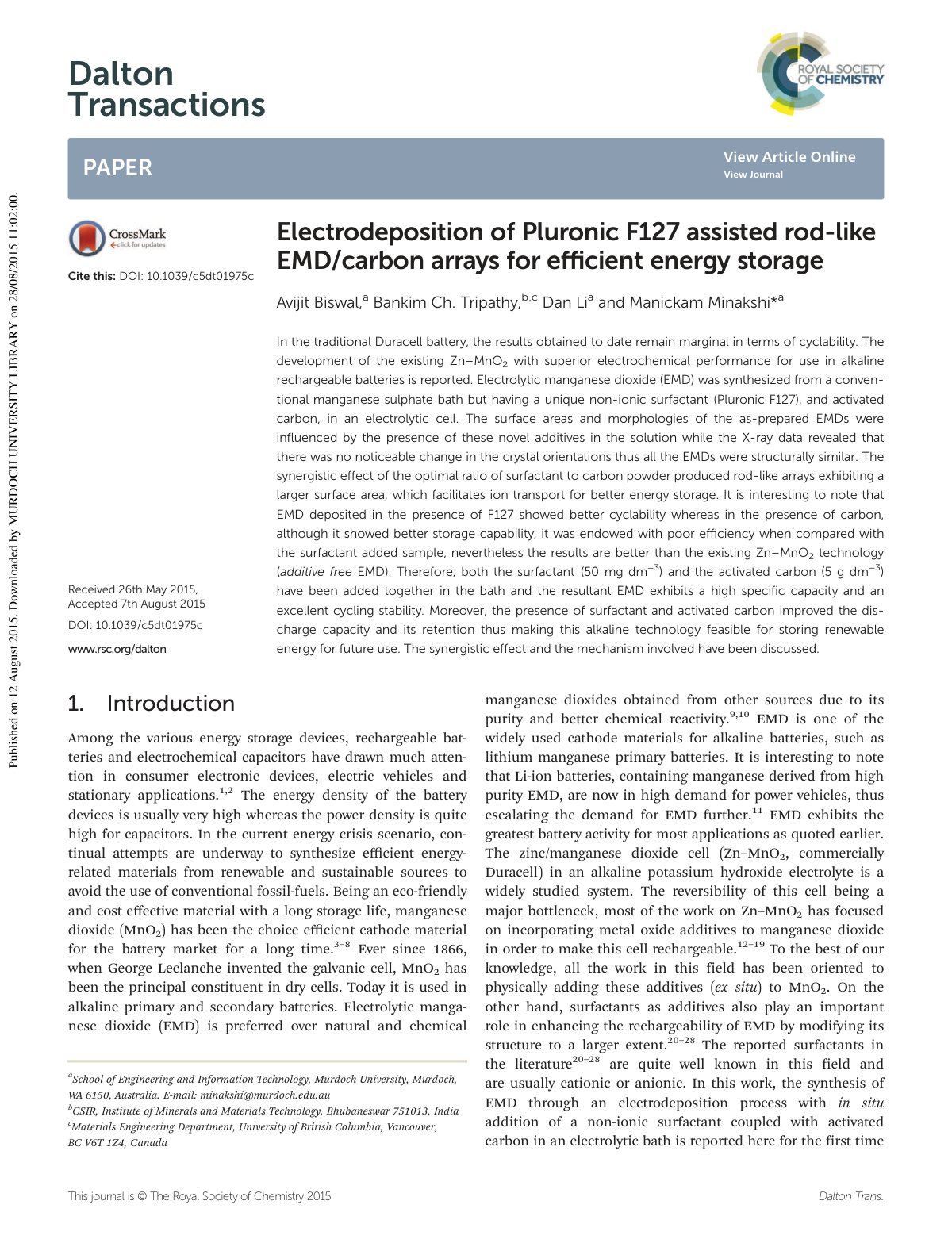 First page of Electrodeposition of Pluronic F127 assisted rod-like EMD/carbon arrays for eﬃcient energy storage