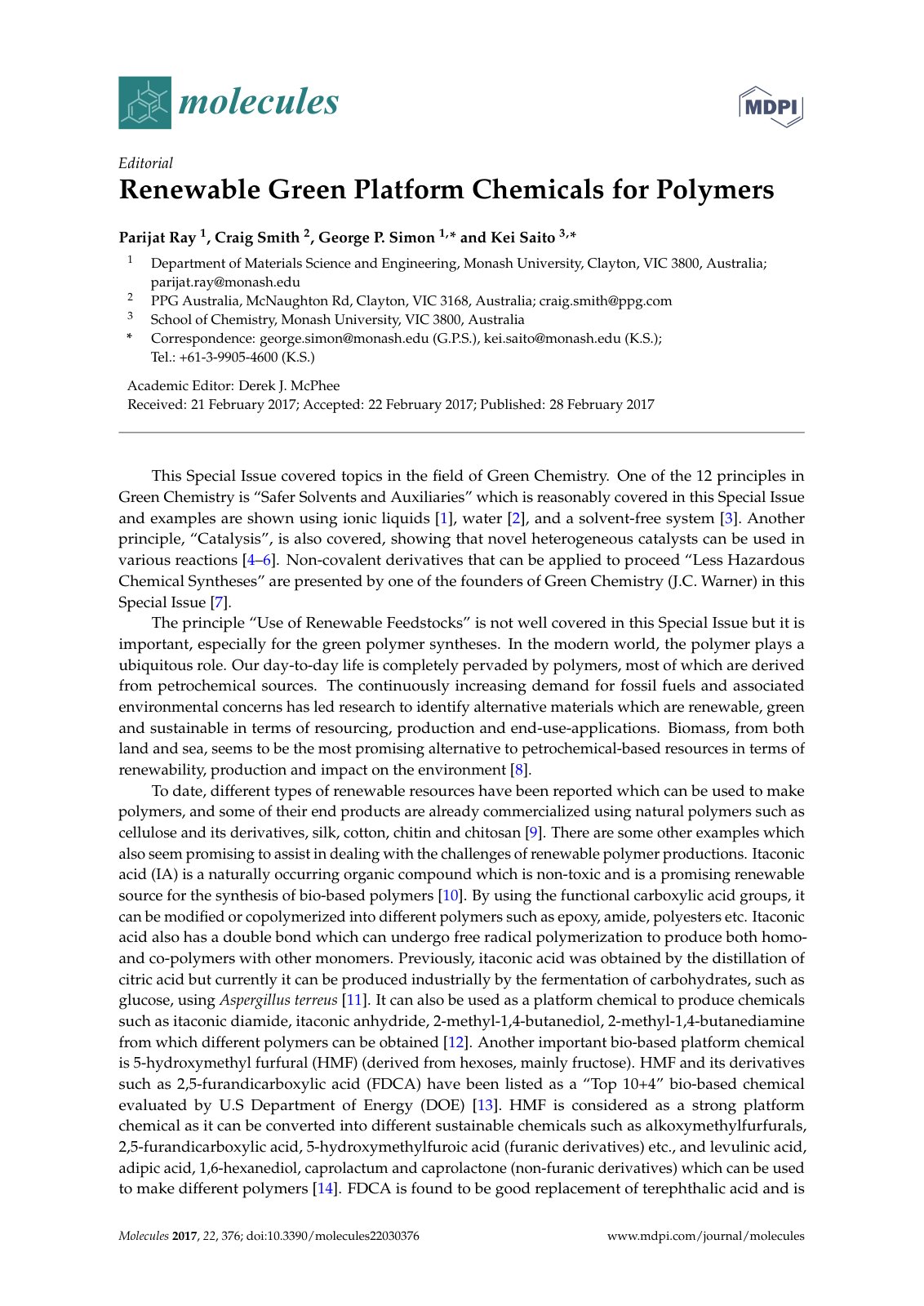 First page of Renewable Green Platform Chemicals for Polymers