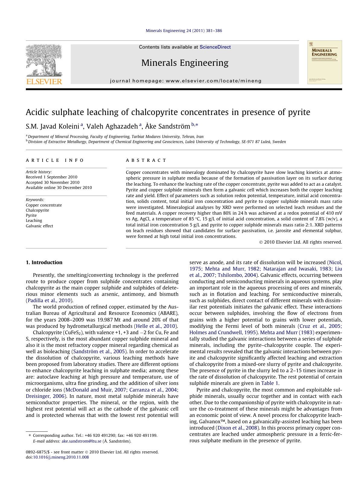 First page of Acidic sulphate leaching of chalcopyrite