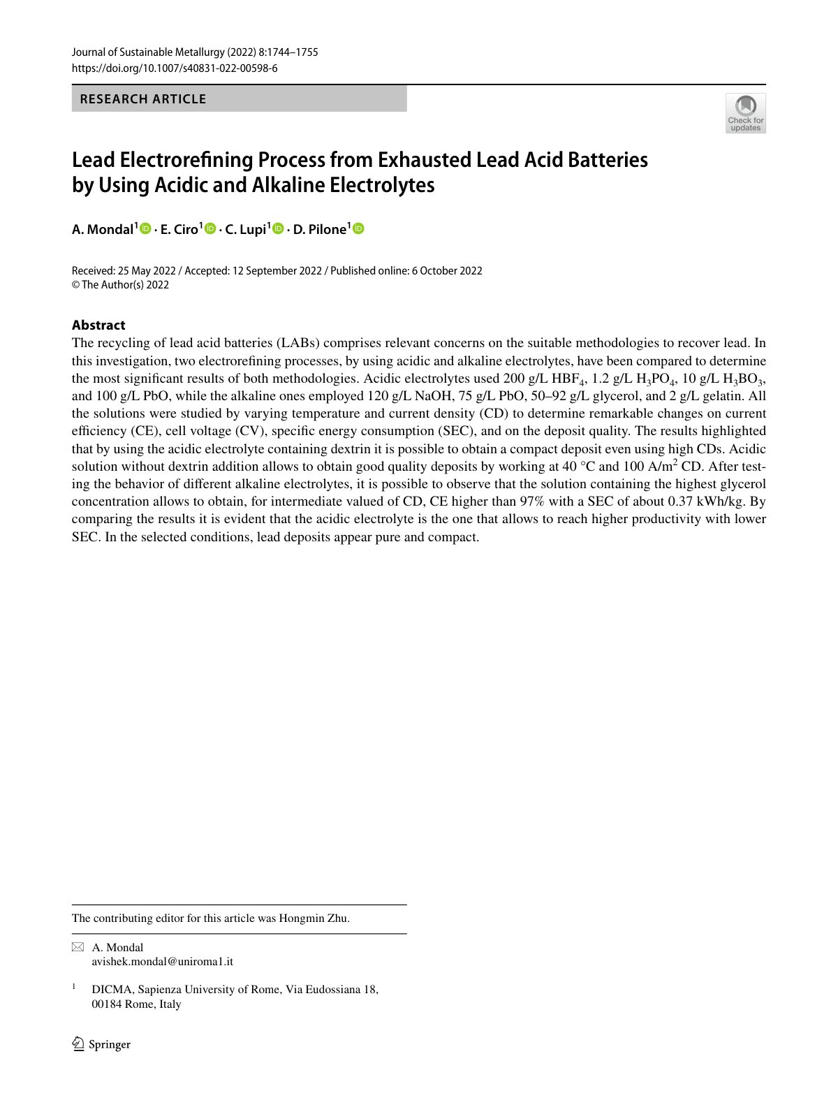 First page of Lead Electrorefining Process from Exhausted Lead Acid Batteries by Using Acidic and Alkaline Electrolytes