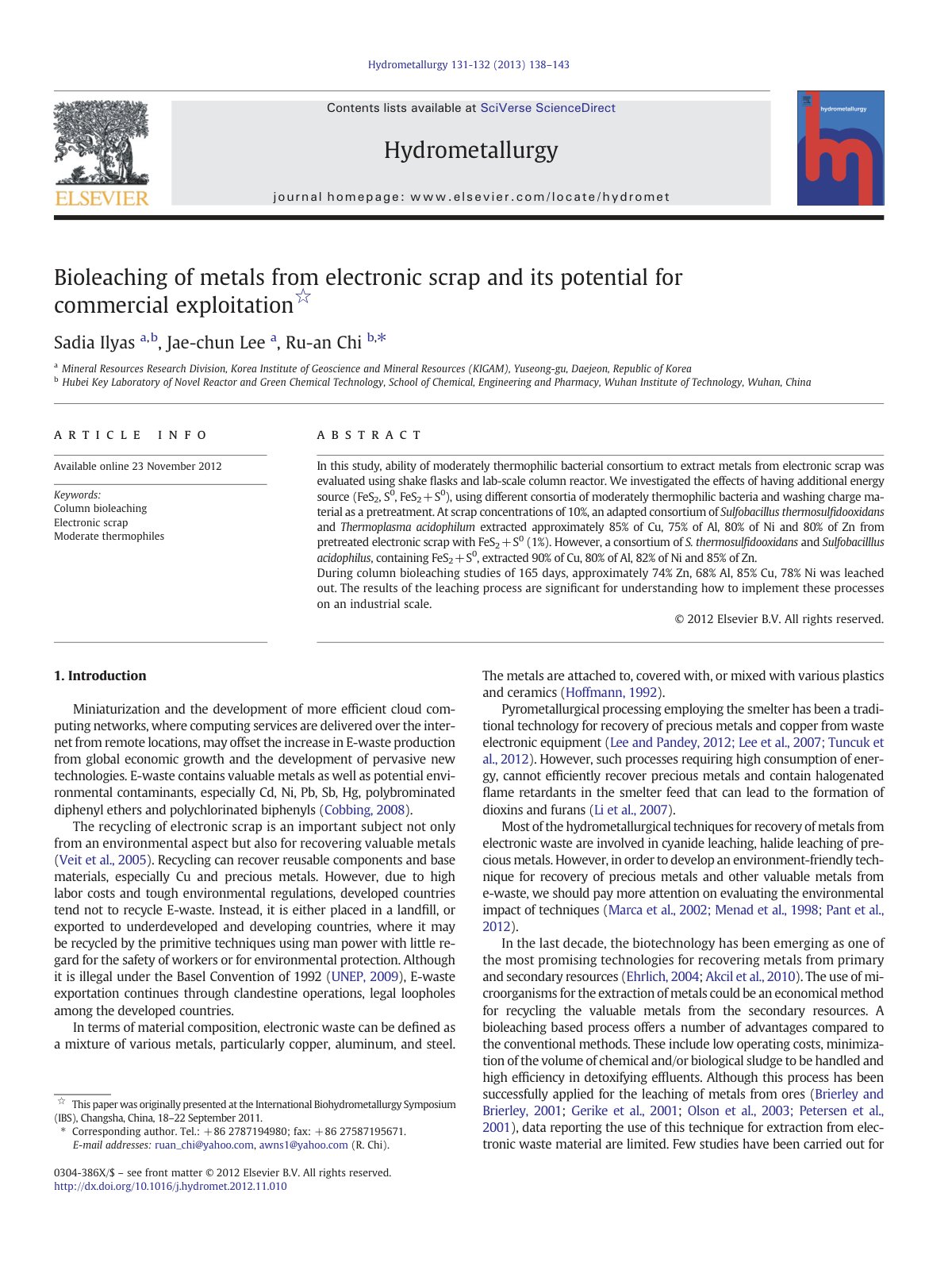First page of Bioleaching of metals from electronic sc