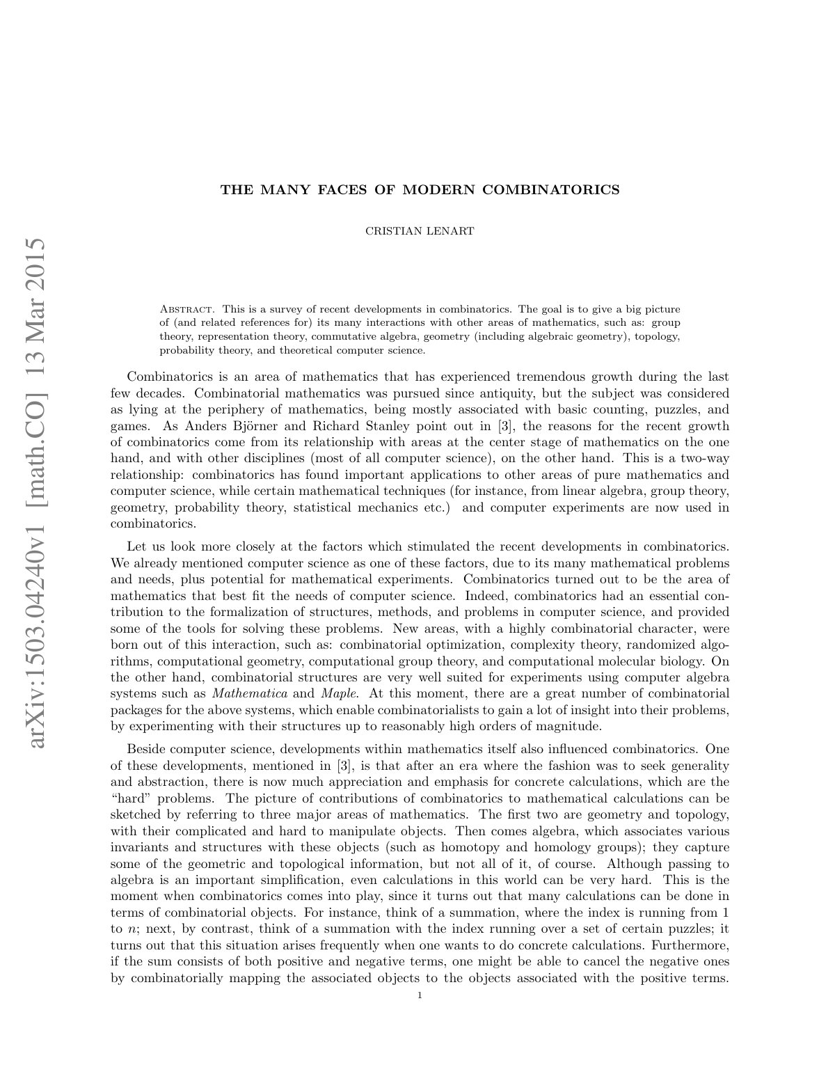 First page of The many faces of modern combinatorics