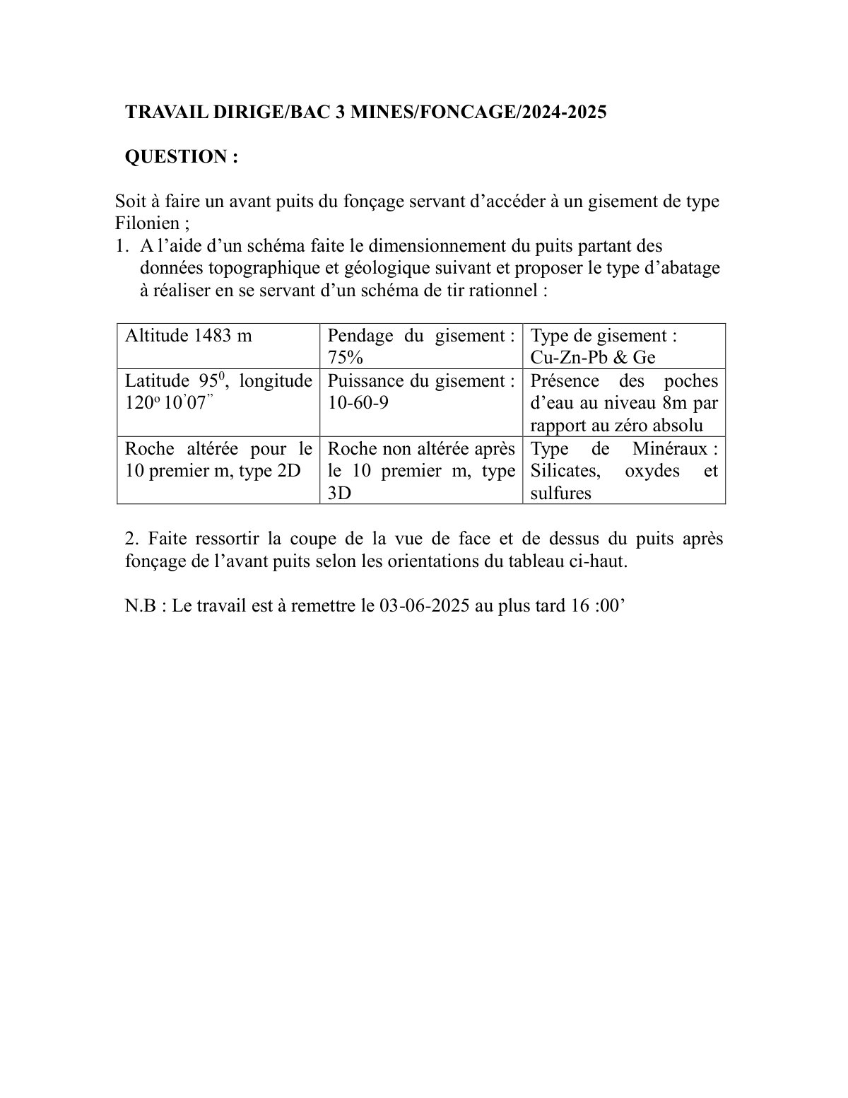 First page of TD Fonçage BAC 3 Mines