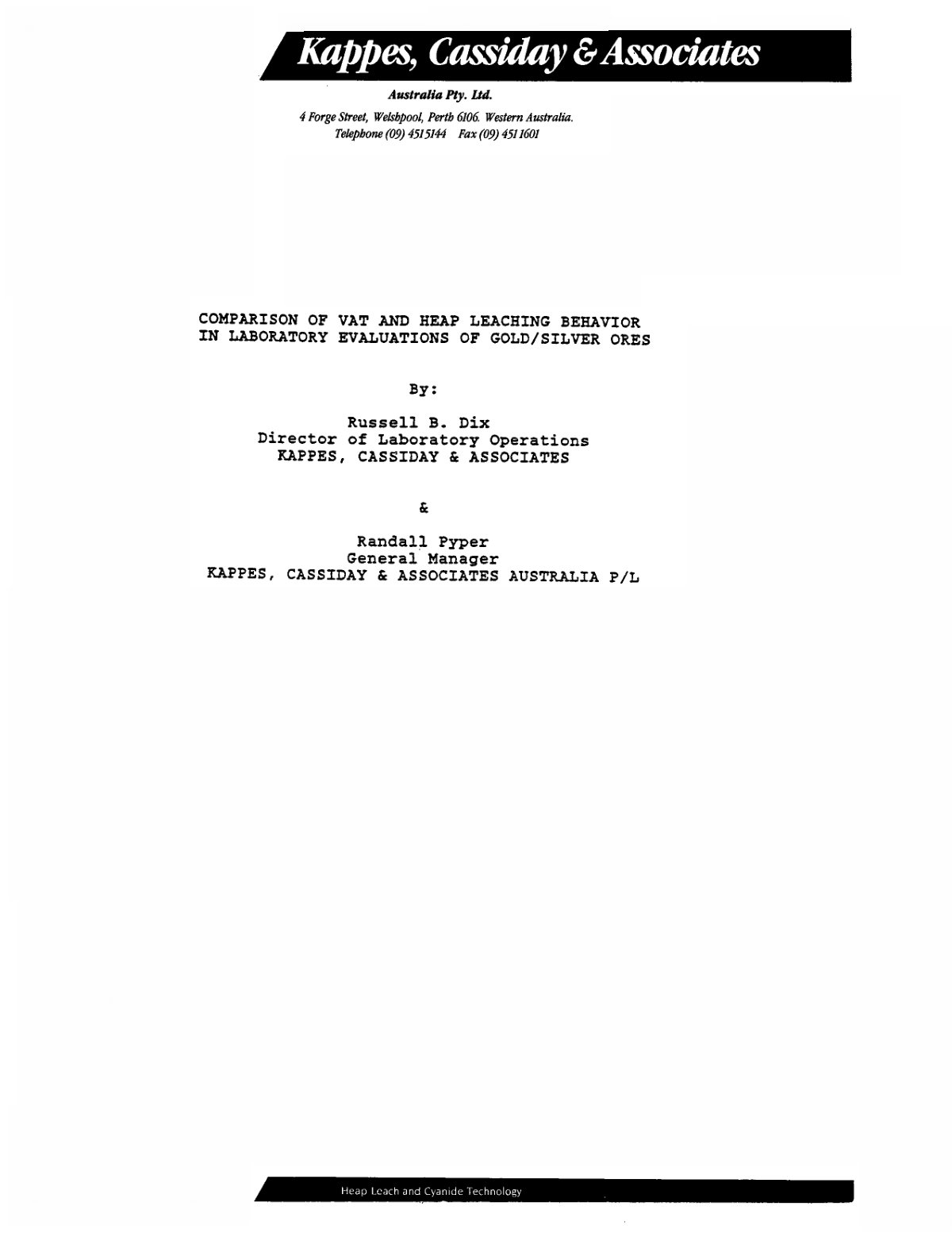 First page of Comparison of Vat and Heap Leaching Behavior in Laboratory Evaluations of Gold Silver Ores