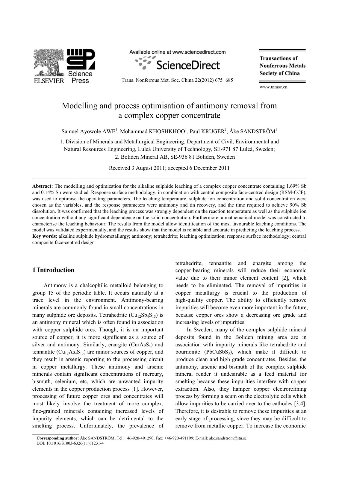 First page of Modelling and process optimisation of an