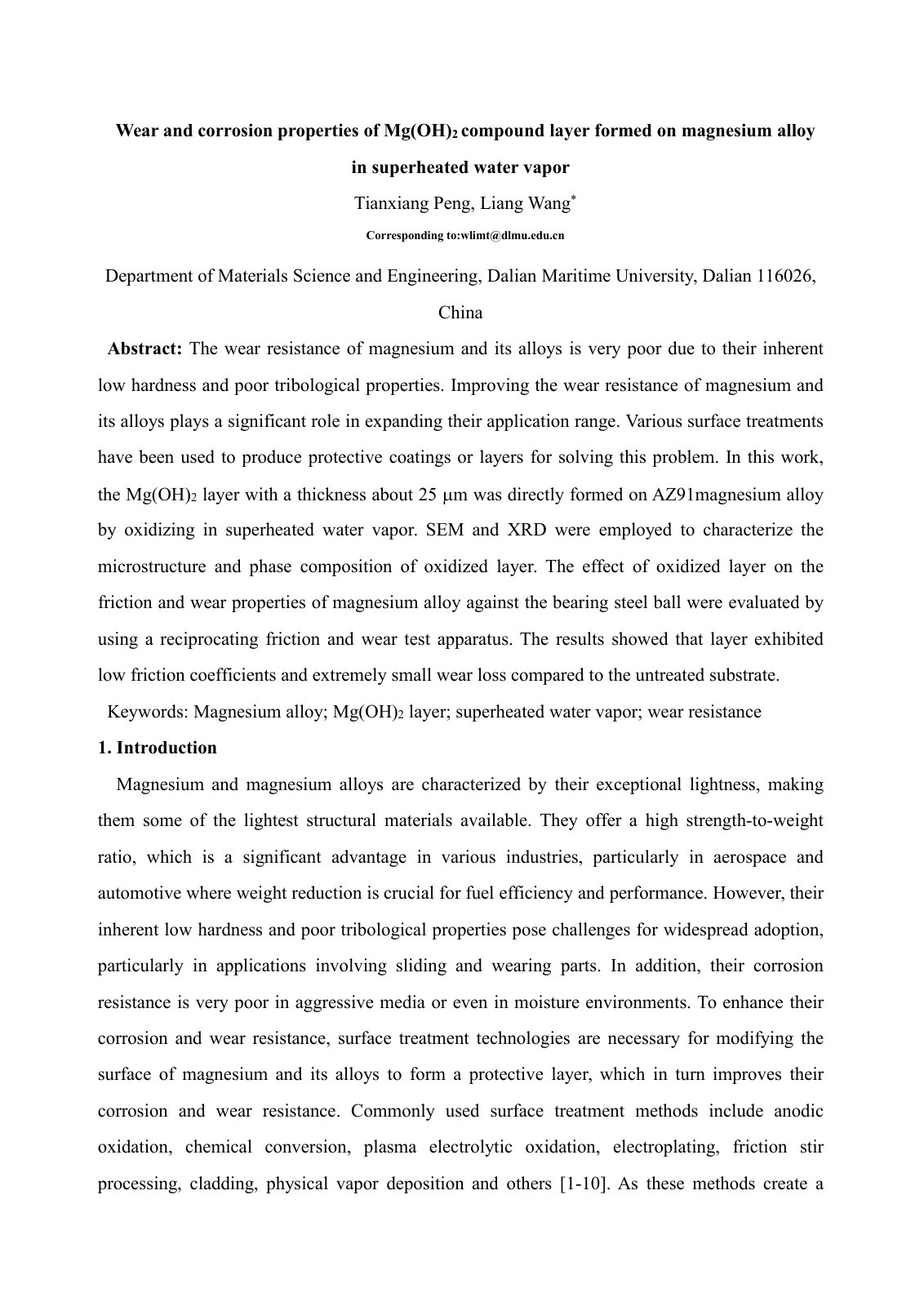 First page of 2024 Peng MgOH2 Layer Magnesium Wear Corrosion