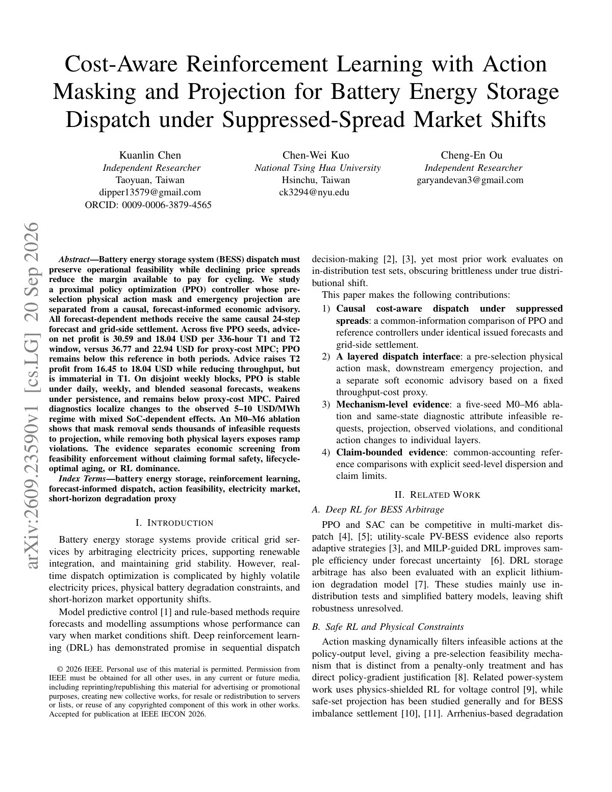 First page of Cost-Aware Reinforcement Learning with Action Masking and Projection for Battery Energy Storage Dispatch under Suppressed-Spread Market Shifts
