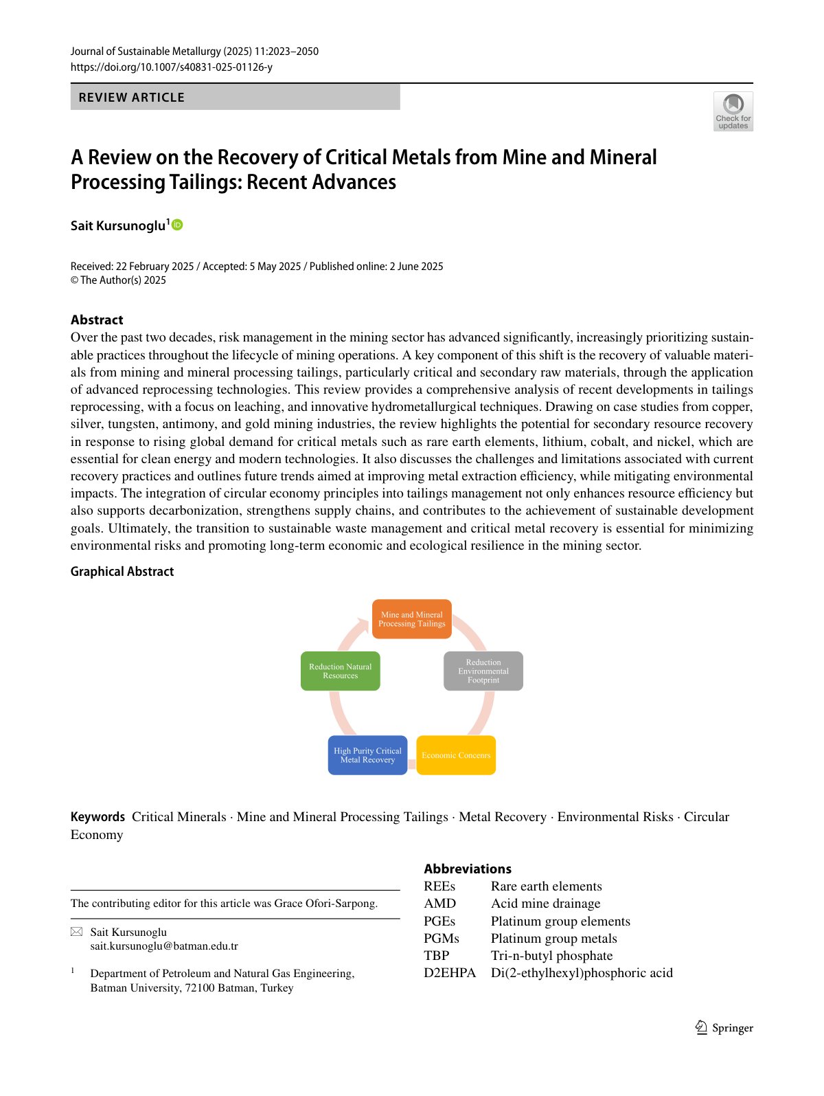 First page of A Review on the Recovery of Critical Metals from Mine and Mineral Processing Tailings: Recent Advances