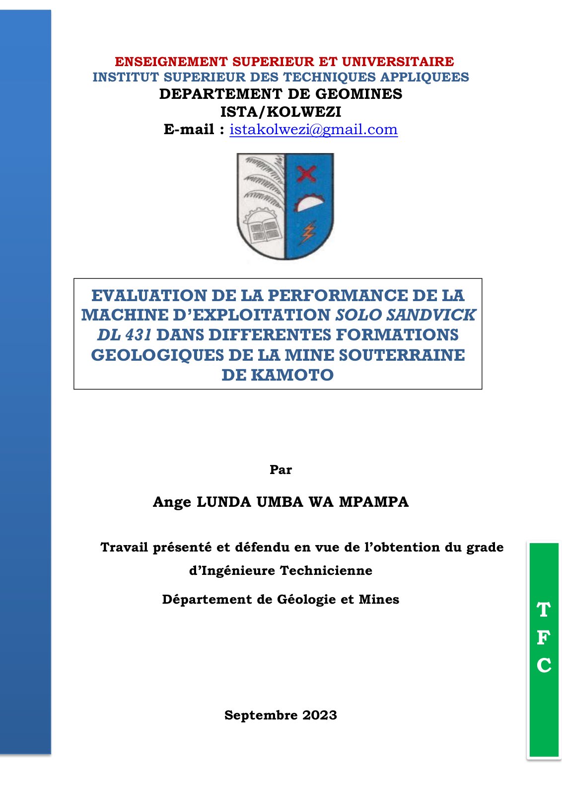 First page of EVALUATION DE LA PERFORMANCE DE LA MACHINE D’EXPLOITATION SOLO SANDVICK DL 431 DANS DIFFERENTES FORMATIONS GEOLOGIQUES DE LA MINE SOUTERRAINE DE KAMOTO