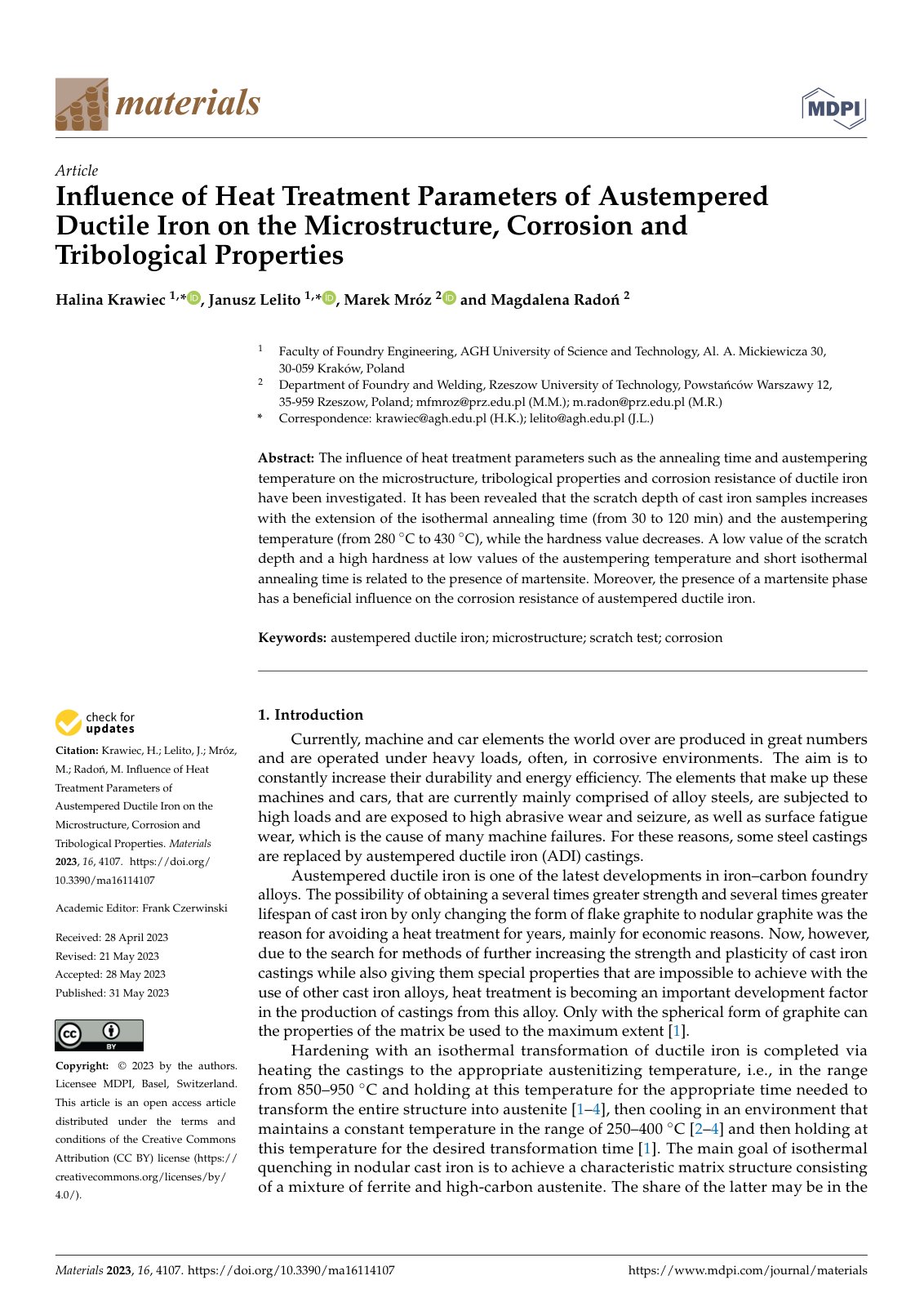 First page of Influence of Heat Treatment Parameters of Austempered Ductile Iron on the Microstructure, Corrosion and Tribological Properties