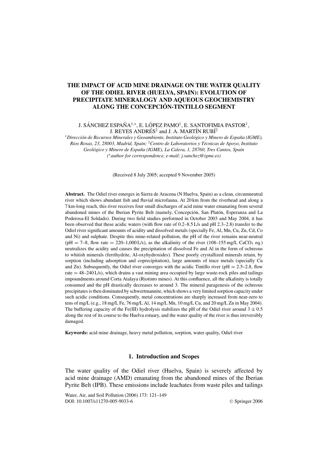 First page of THE IMPACT OF ACID MINE DRAINAGE ON THE WATER QUALITY OF THE ODIEL RIVER (HUELVA, SPAIN): EVOLUTION OF PRECIPITATE MINERALOGY AND AQUEOUS GEOCHEMISTRY ALONG THE CONCEPCI ´ON-TINTILLO SEGMENT